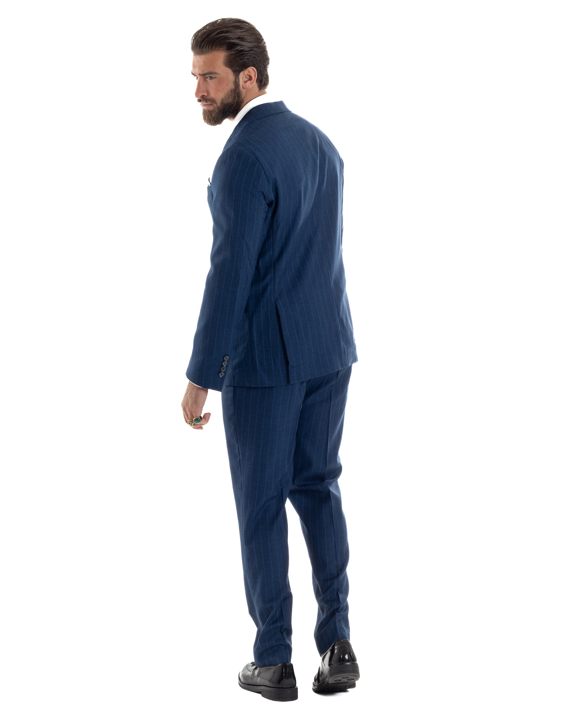 Abito Uomo Monopetto Vestito Gessato Giacca Con Pochette Pantaloni Completo Elegante Blu GIOSAL-AE1108A