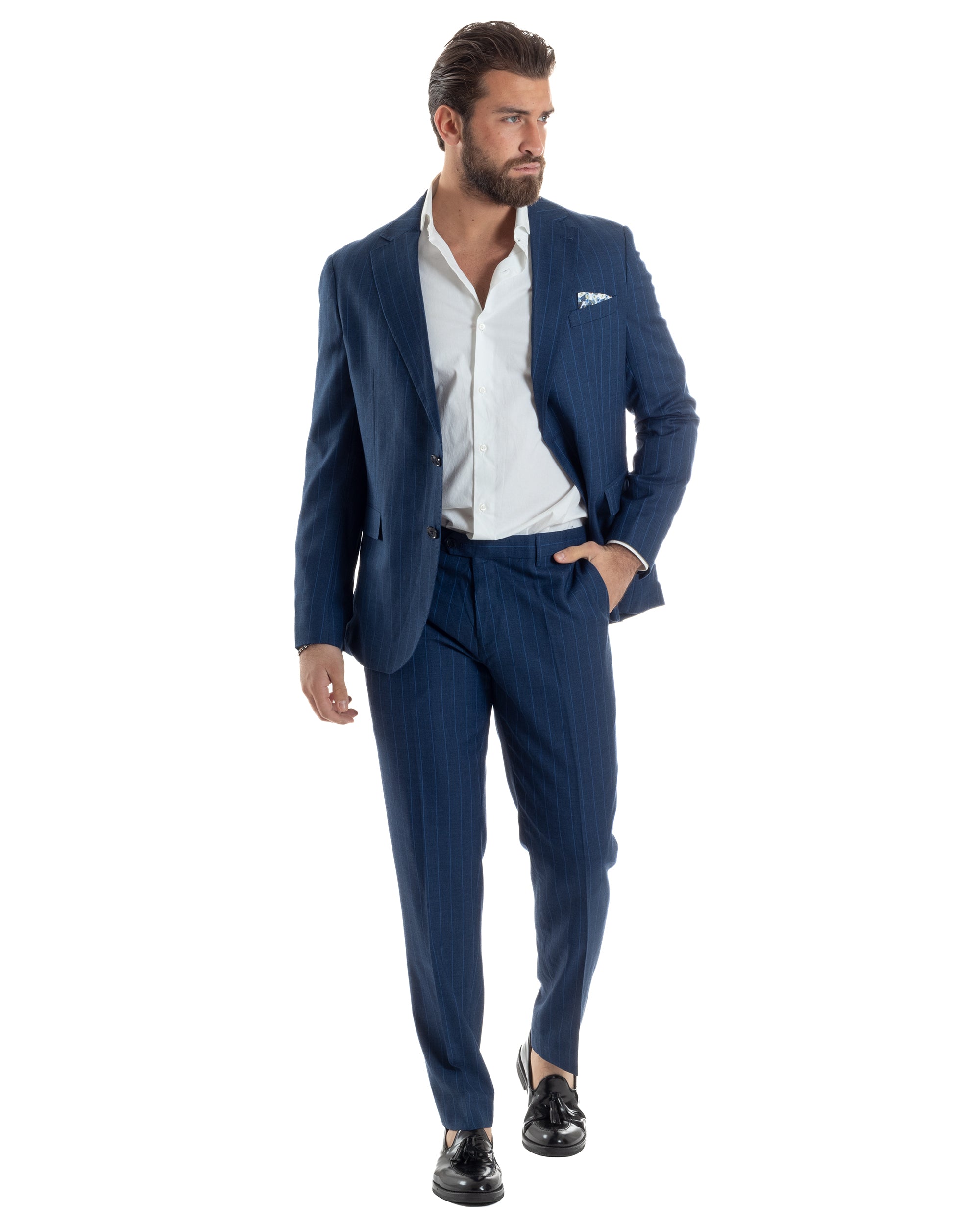 Abito Uomo Monopetto Vestito Gessato Giacca Con Pochette Pantaloni Completo Elegante Blu GIOSAL-AE1108A