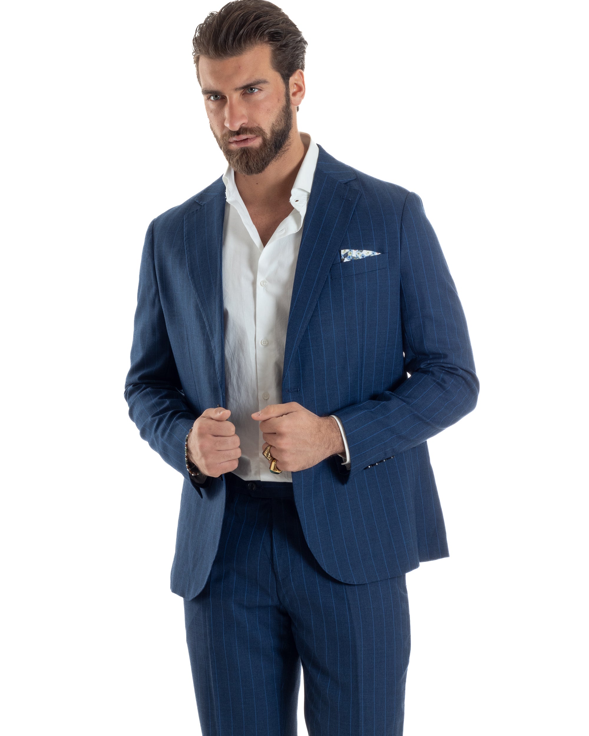 Abito Uomo Monopetto Vestito Gessato Giacca Con Pochette Pantaloni Completo Elegante Blu GIOSAL-AE1108A