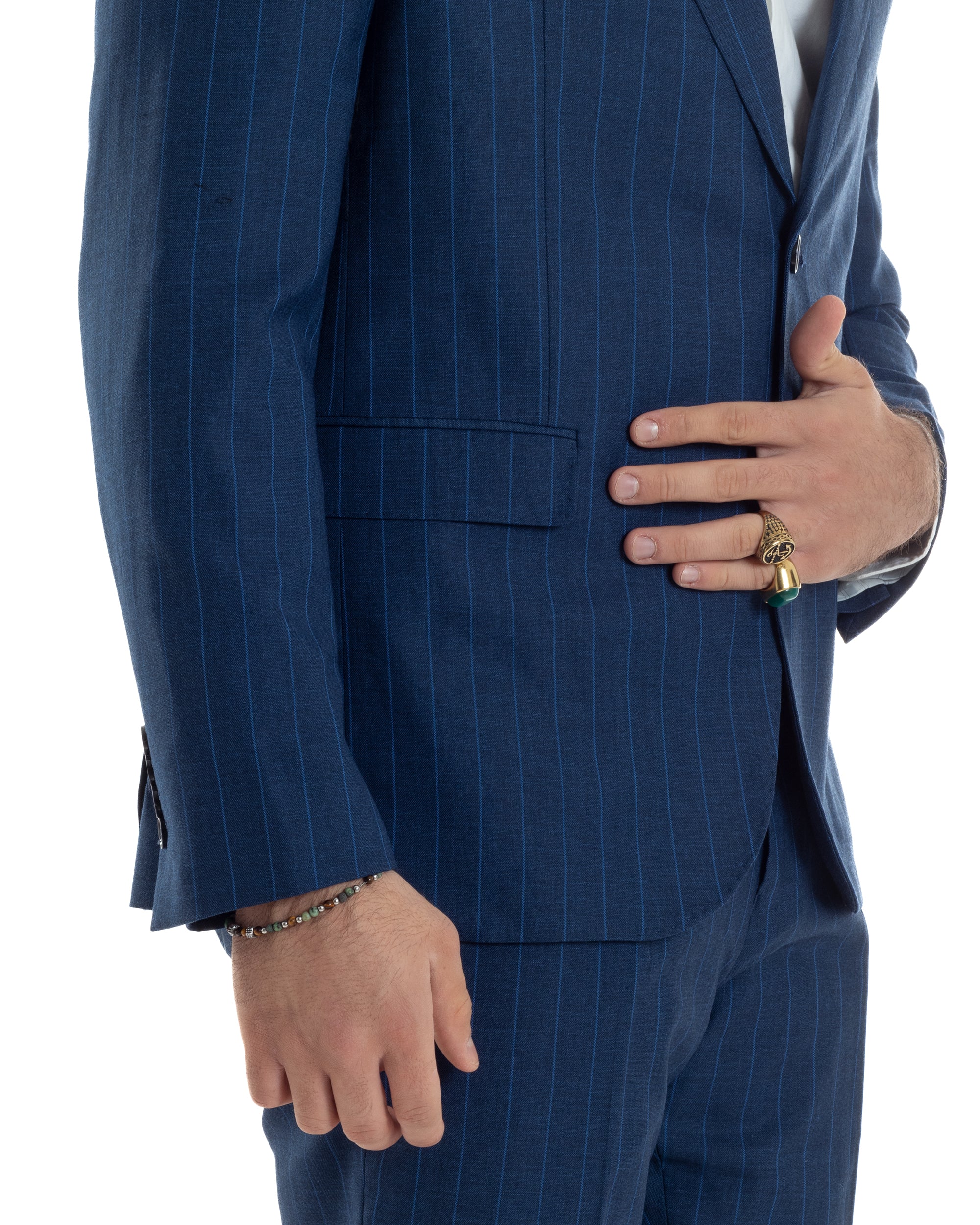 Abito Uomo Monopetto Vestito Gessato Giacca Con Pochette Pantaloni Completo Elegante Blu GIOSAL-AE1108A