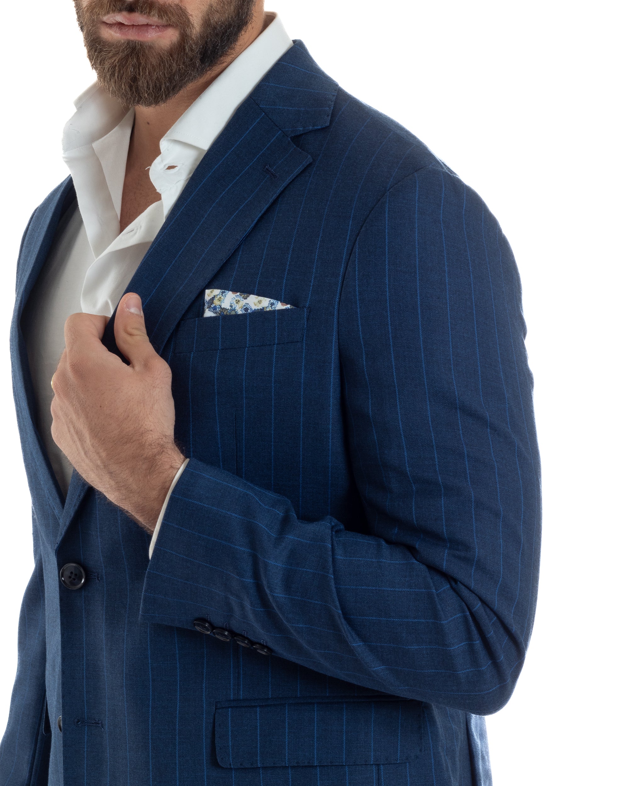 Abito Uomo Monopetto Vestito Gessato Giacca Con Pochette Pantaloni Completo Elegante Blu GIOSAL-AE1108A