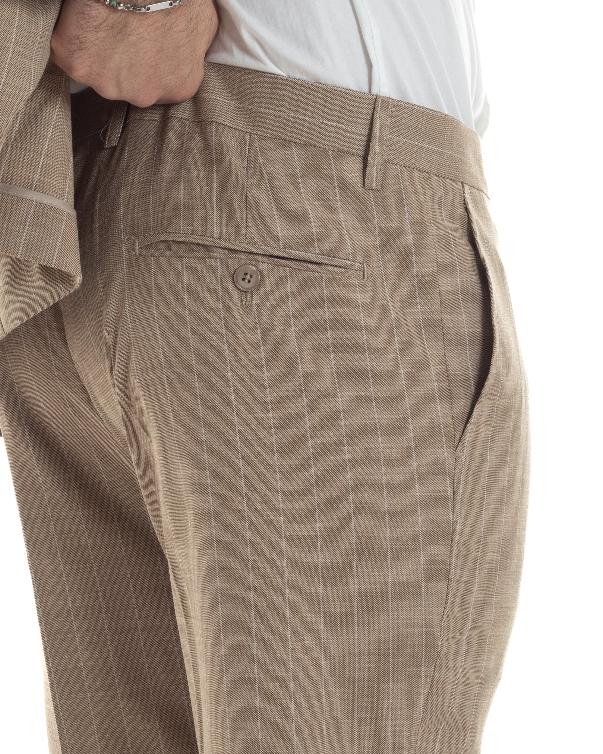 Abito Uomo Monopetto Vestito Gessato Giacca Con Pochette Pantaloni Completo Elegante Beige GIOSAL-AE1109A