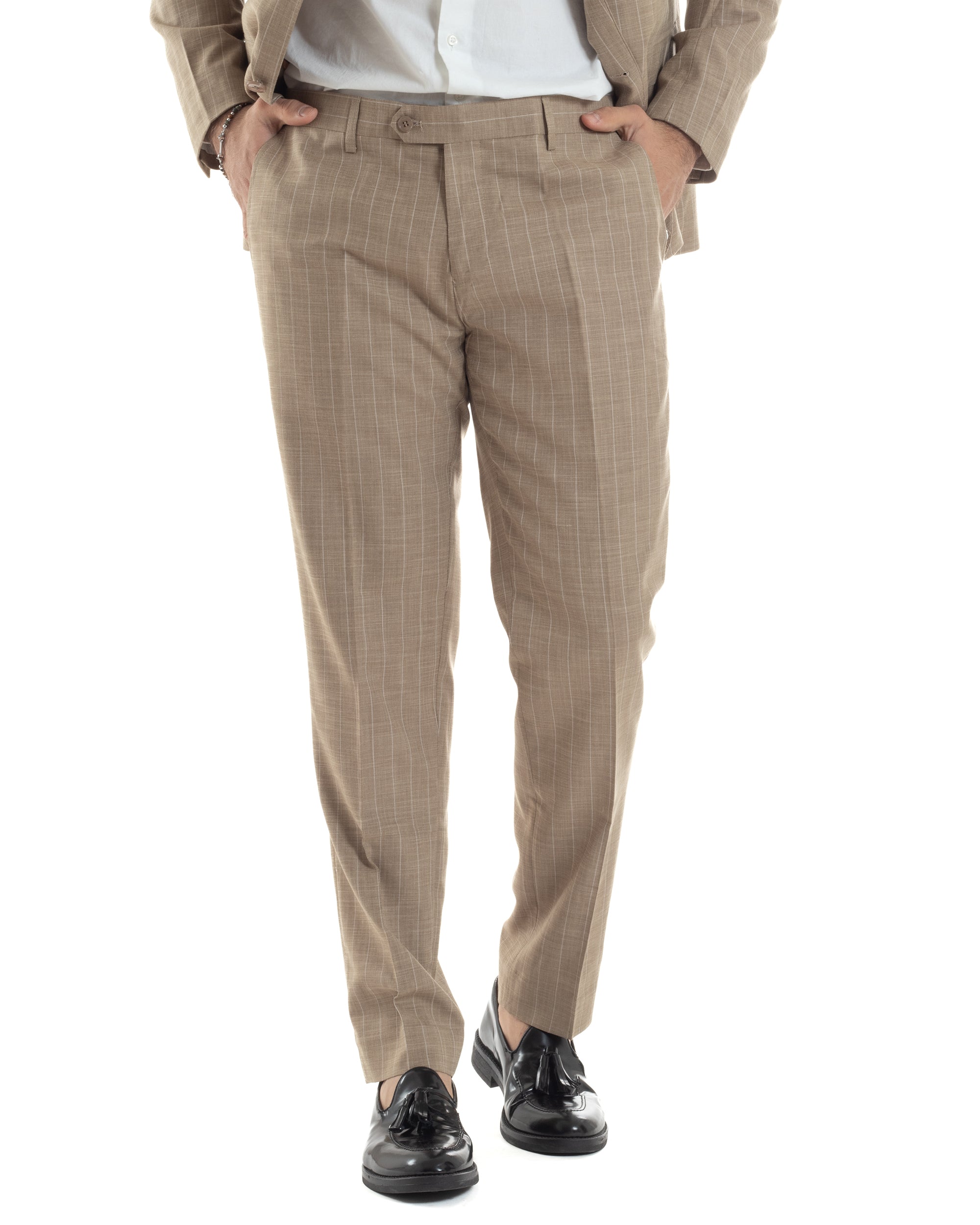 Abito Uomo Monopetto Vestito Gessato Giacca Con Pochette Pantaloni Completo Elegante Beige GIOSAL-AE1109A