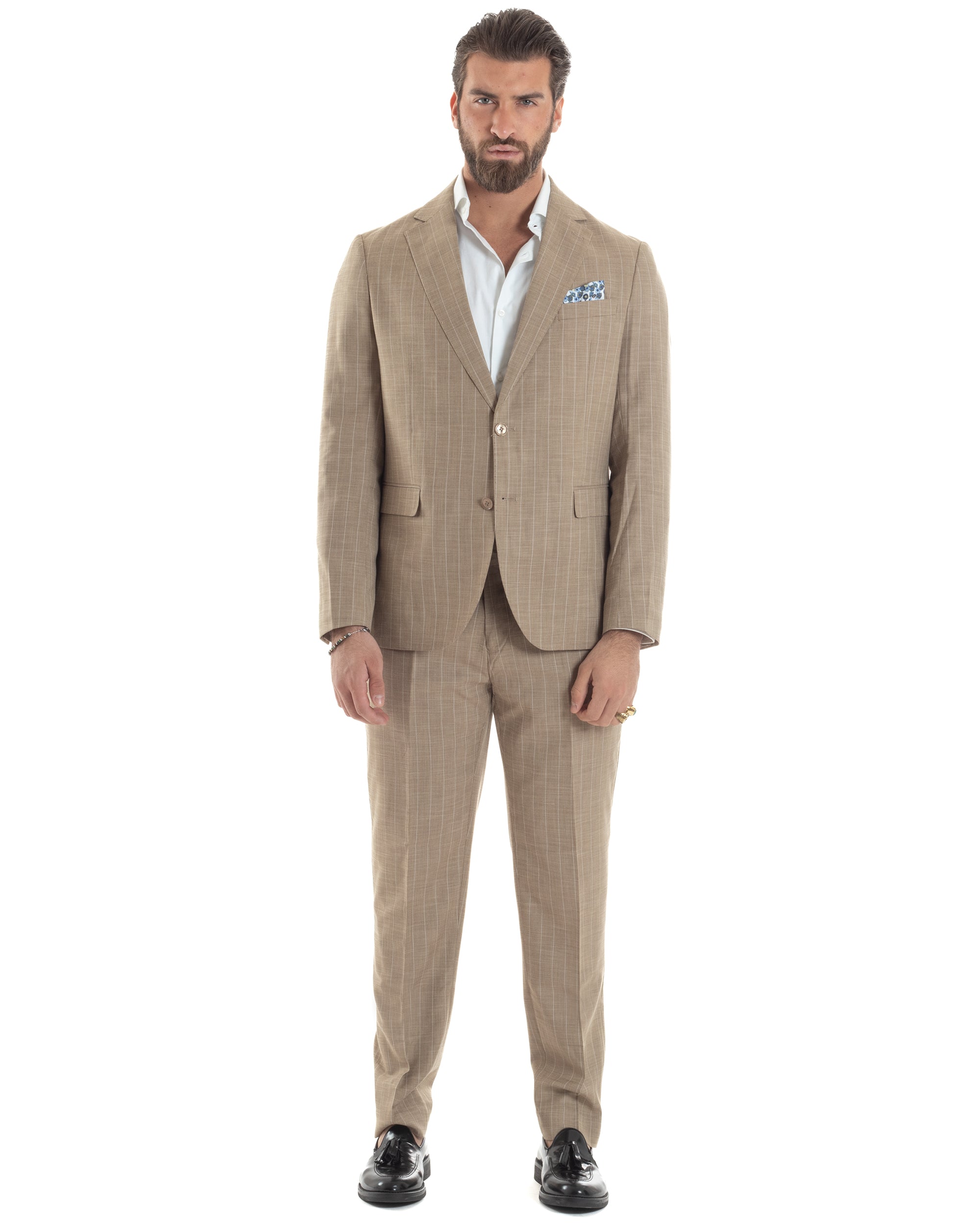 Abito Uomo Monopetto Vestito Gessato Giacca Con Pochette Pantaloni Completo Elegante Beige GIOSAL-AE1109A