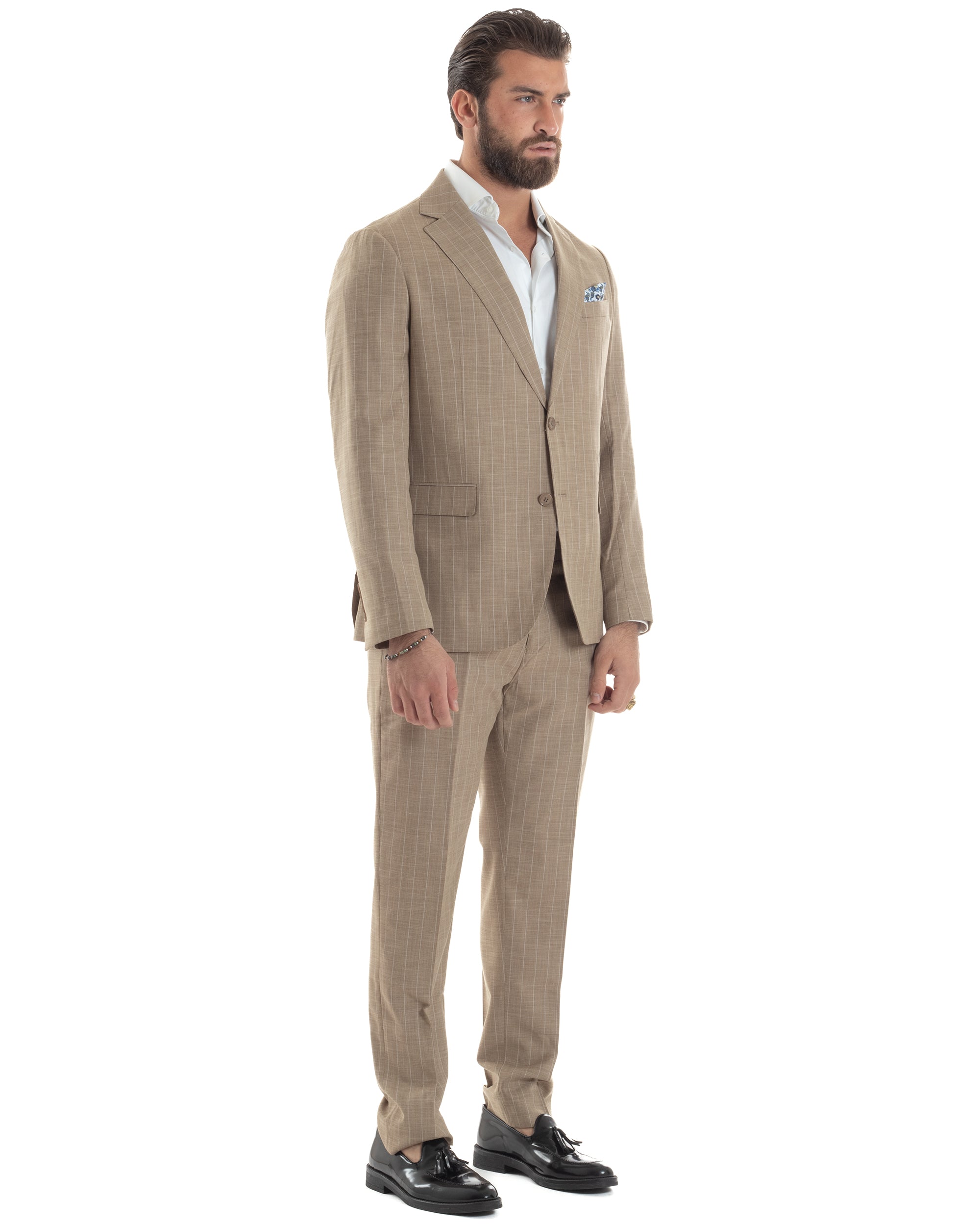Abito Uomo Monopetto Vestito Gessato Giacca Con Pochette Pantaloni Completo Elegante Beige GIOSAL-AE1109A