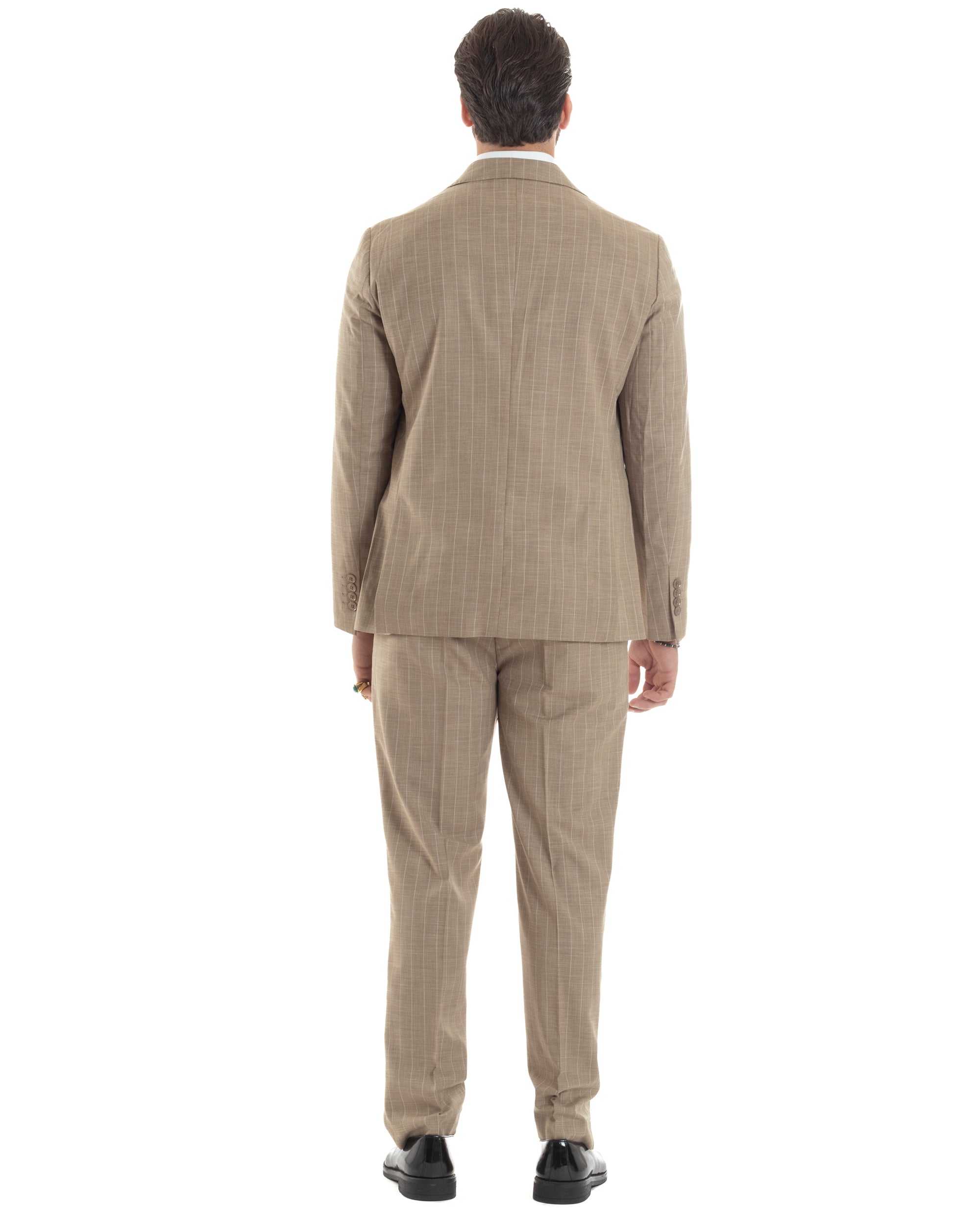 Abito Uomo Monopetto Vestito Gessato Giacca Con Pochette Pantaloni Completo Elegante Beige GIOSAL-AE1109A