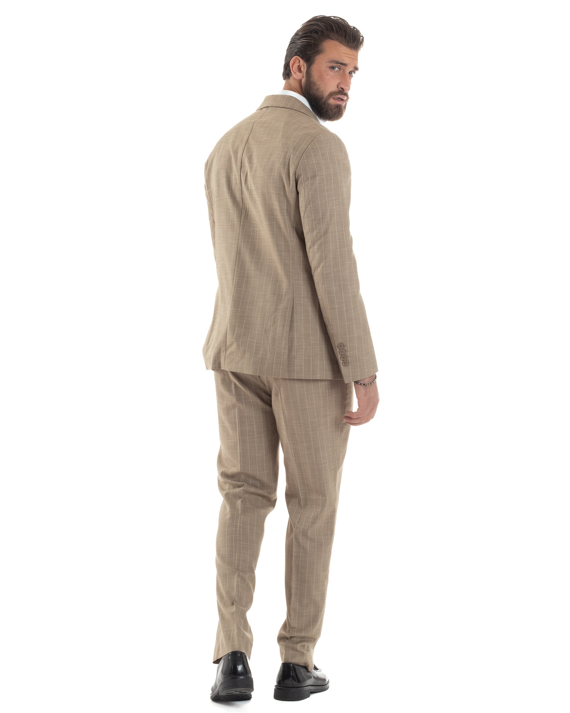 Abito Uomo Monopetto Vestito Gessato Giacca Con Pochette Pantaloni Completo Elegante Beige GIOSAL-AE1109A