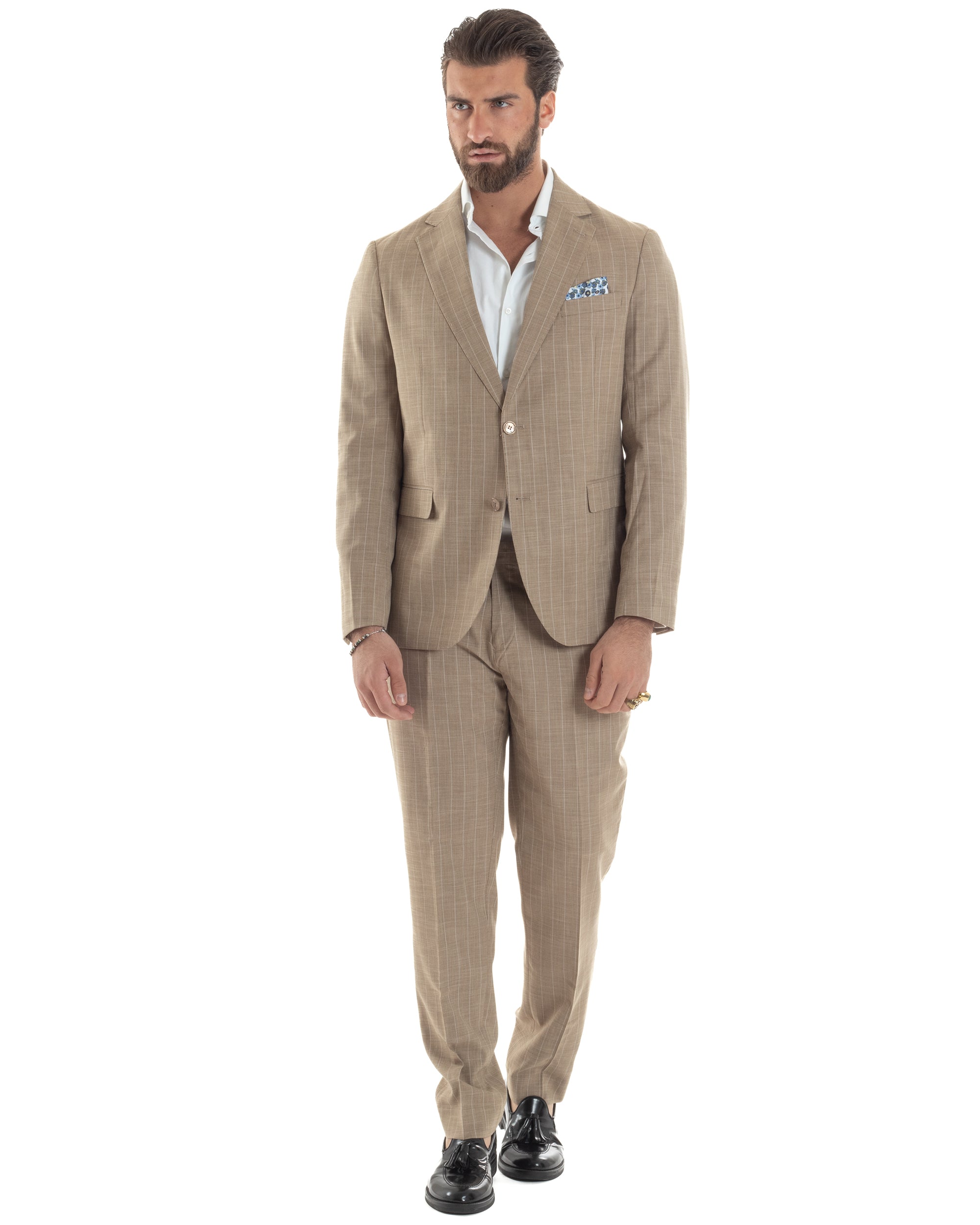 Abito Uomo Monopetto Vestito Gessato Giacca Con Pochette Pantaloni Completo Elegante Beige GIOSAL-AE1109A