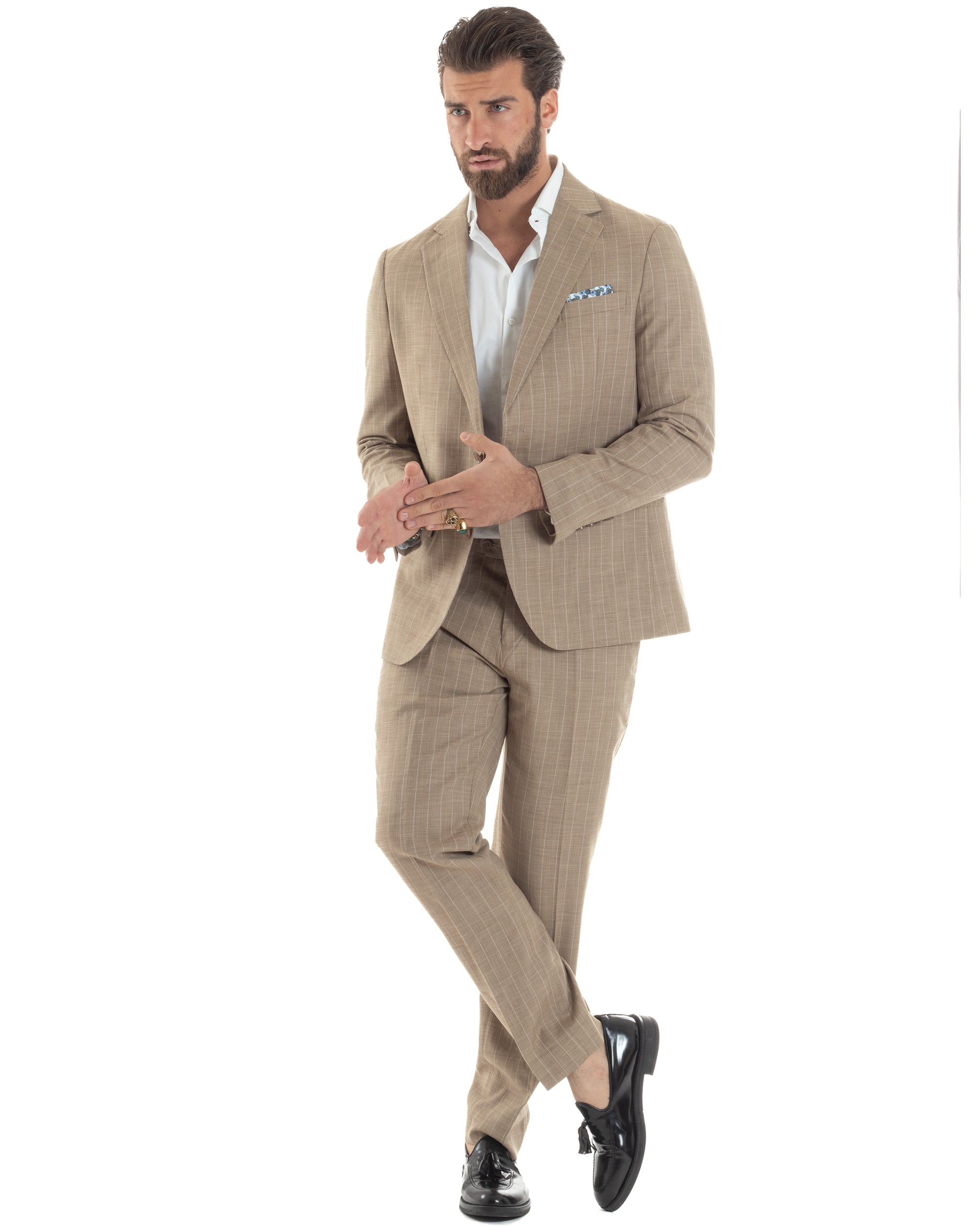 Abito Uomo Monopetto Vestito Gessato Giacca Con Pochette Pantaloni Completo Elegante Beige GIOSAL-AE1109A