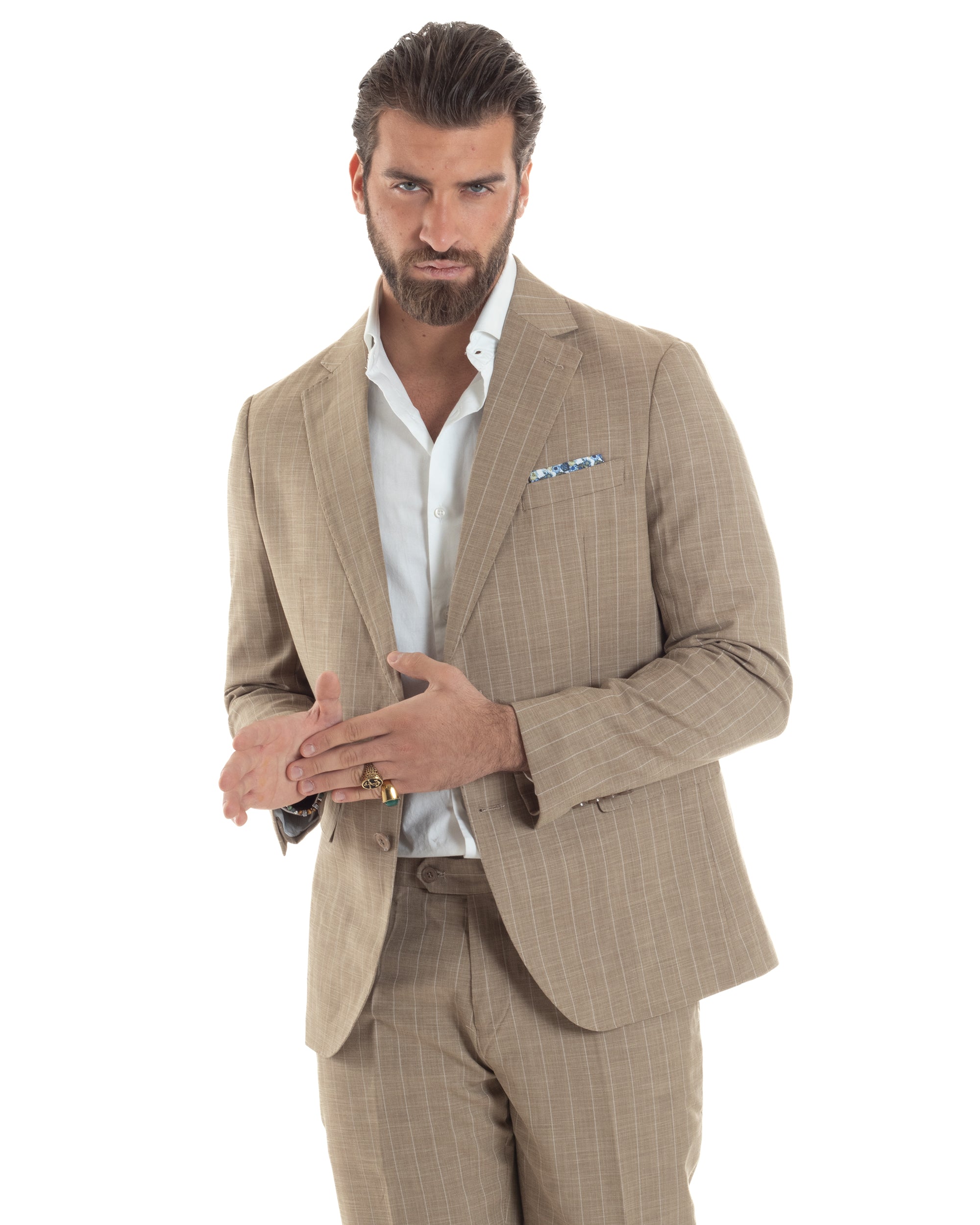Abito Uomo Monopetto Vestito Gessato Giacca Con Pochette Pantaloni Completo Elegante Beige GIOSAL-AE1109A