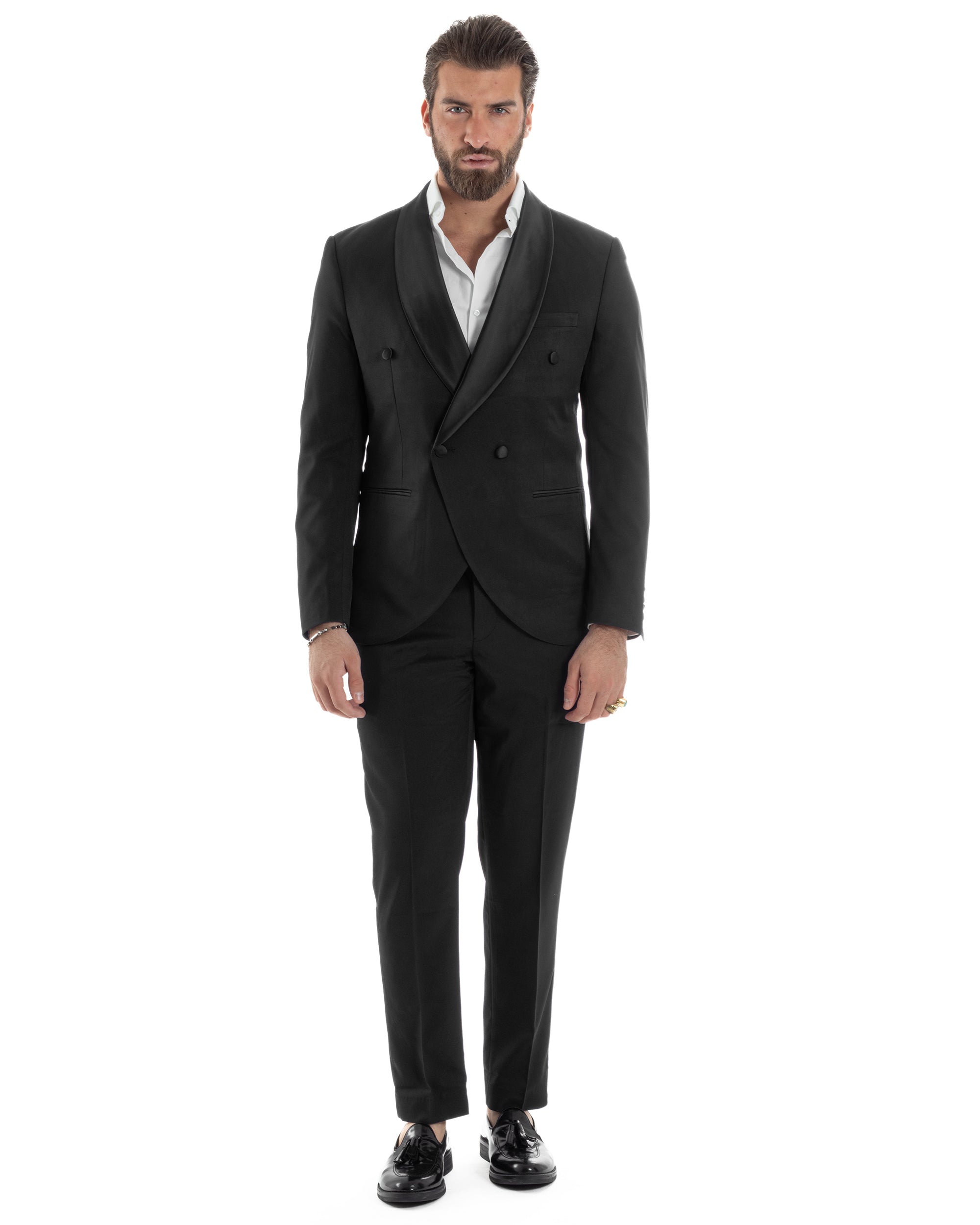 Abito Uomo Doppiopetto Quattro Bottoni Vestito Completo Smoking Rever Sciallato Raso Nero AE1110A