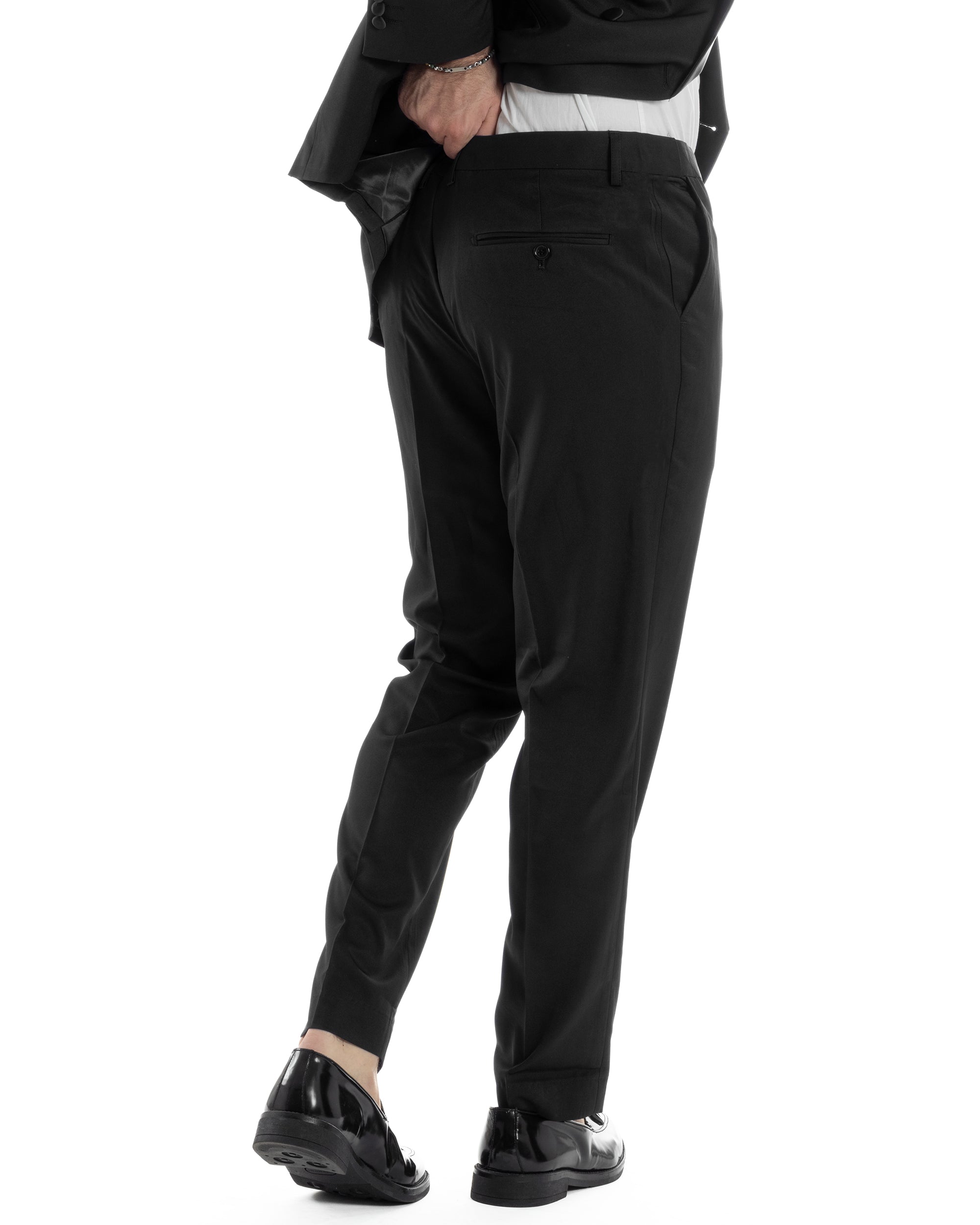 Abito Uomo Doppiopetto Quattro Bottoni Vestito Elegante Completo Smoking Rever Sciallato Raso Tinta Unita Nero GIOSAL-AE1110A