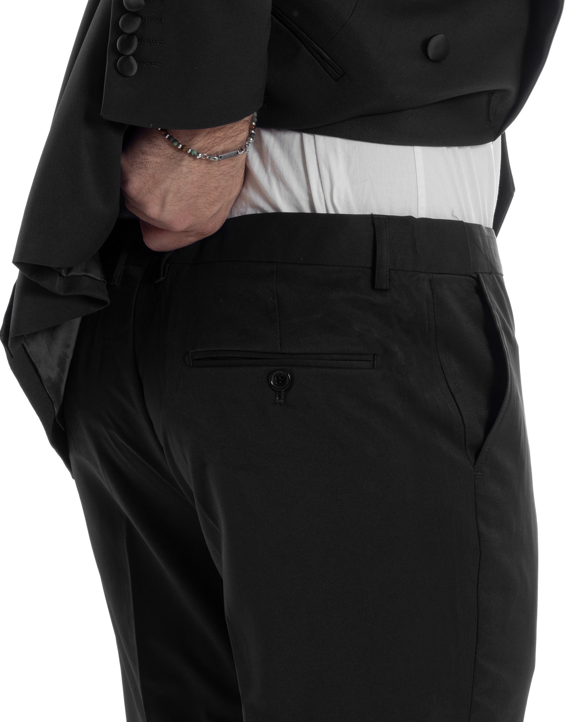 Abito Uomo Doppiopetto Quattro Bottoni Vestito Elegante Completo Smoking Rever Sciallato Raso Tinta Unita Nero GIOSAL-AE1110A