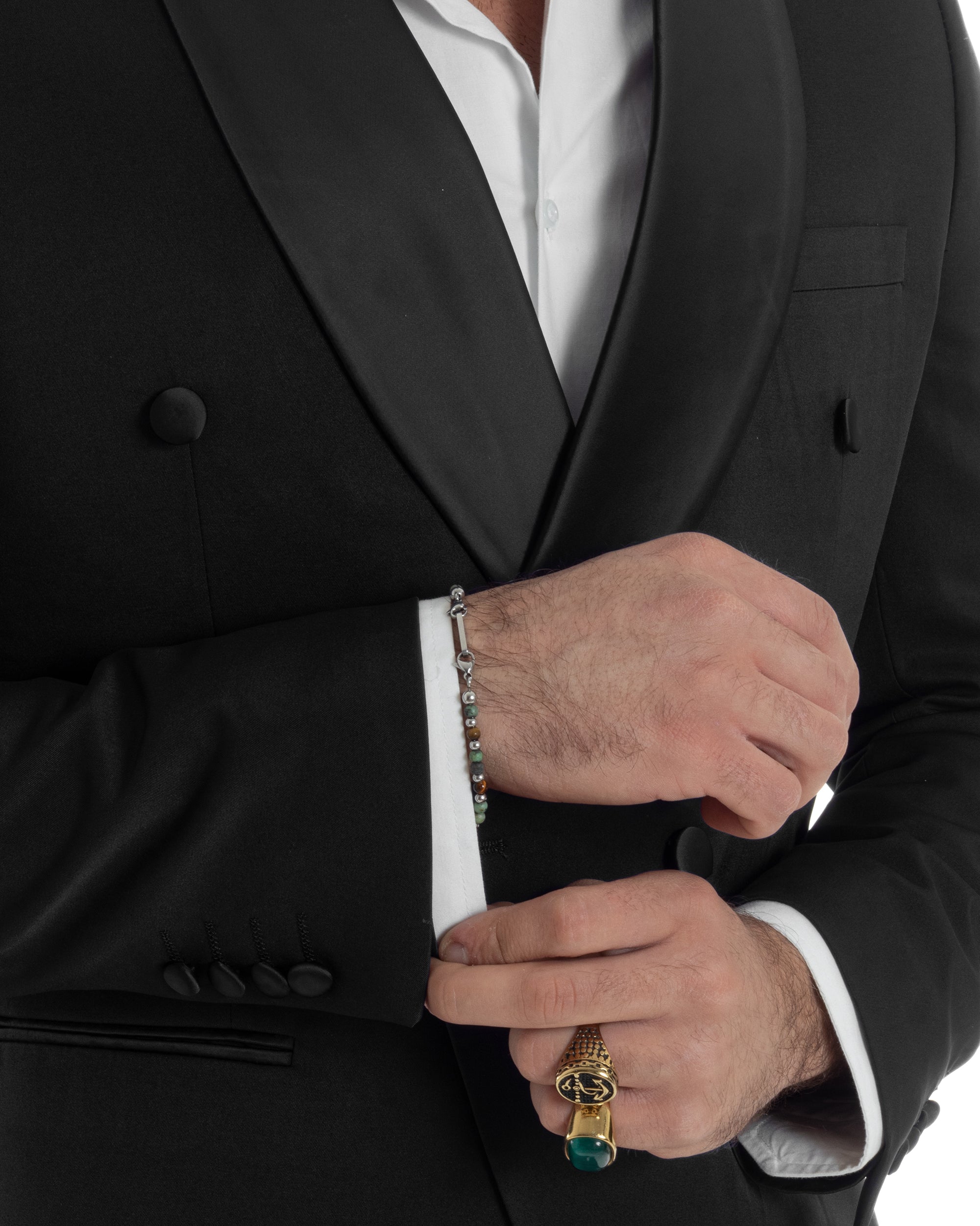 Abito Uomo Doppiopetto Quattro Bottoni Vestito Completo Smoking Rever Sciallato Raso Nero AE1110A