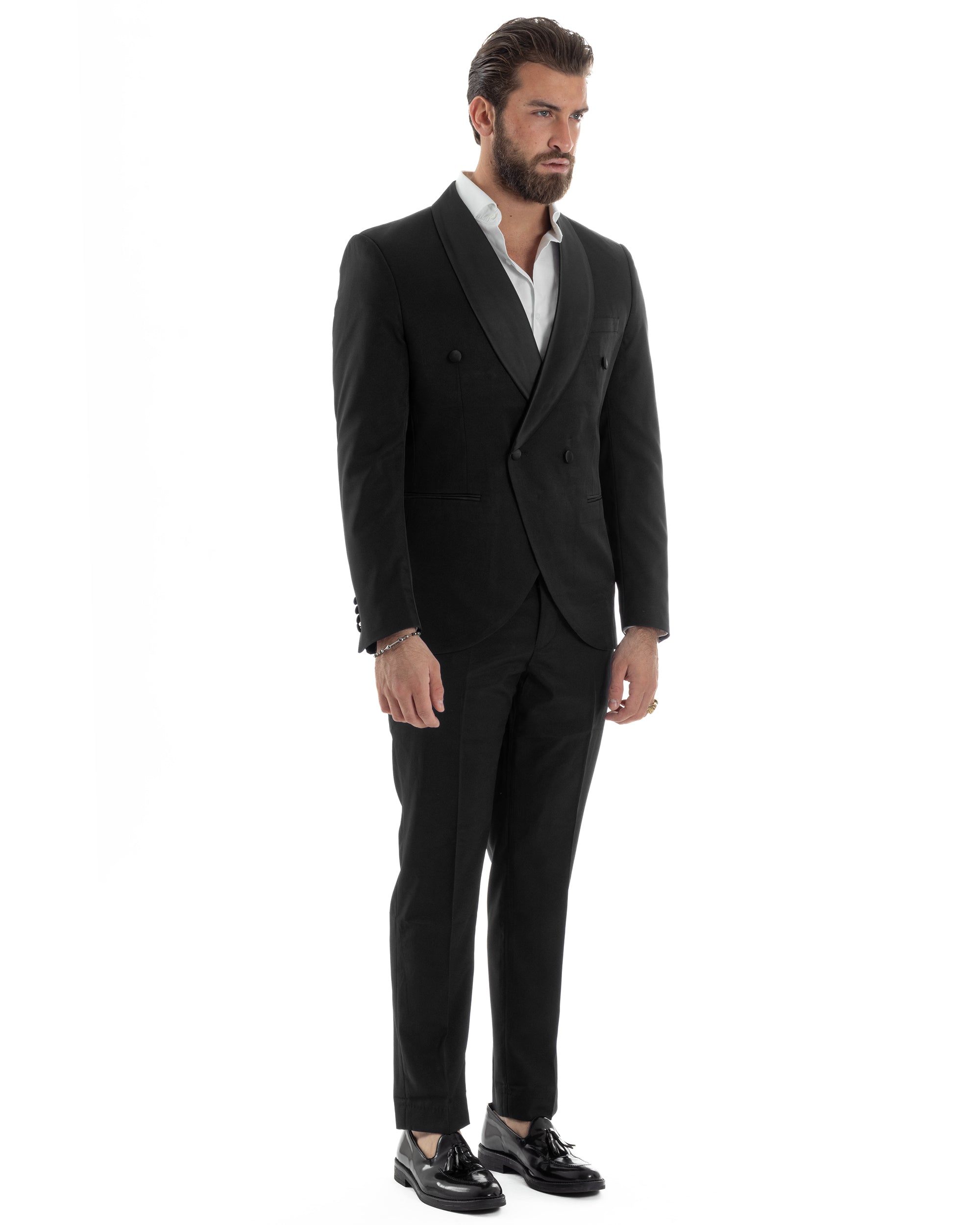 Abito Uomo Doppiopetto Quattro Bottoni Vestito Completo Smoking Rever Sciallato Raso Nero AE1110A