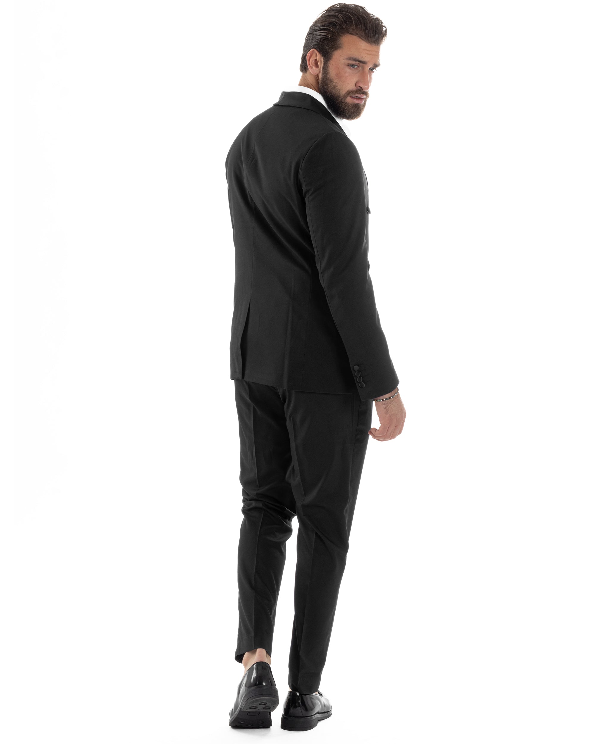 Abito Uomo Doppiopetto Quattro Bottoni Vestito Completo Smoking Rever Sciallato Raso Nero AE1110A