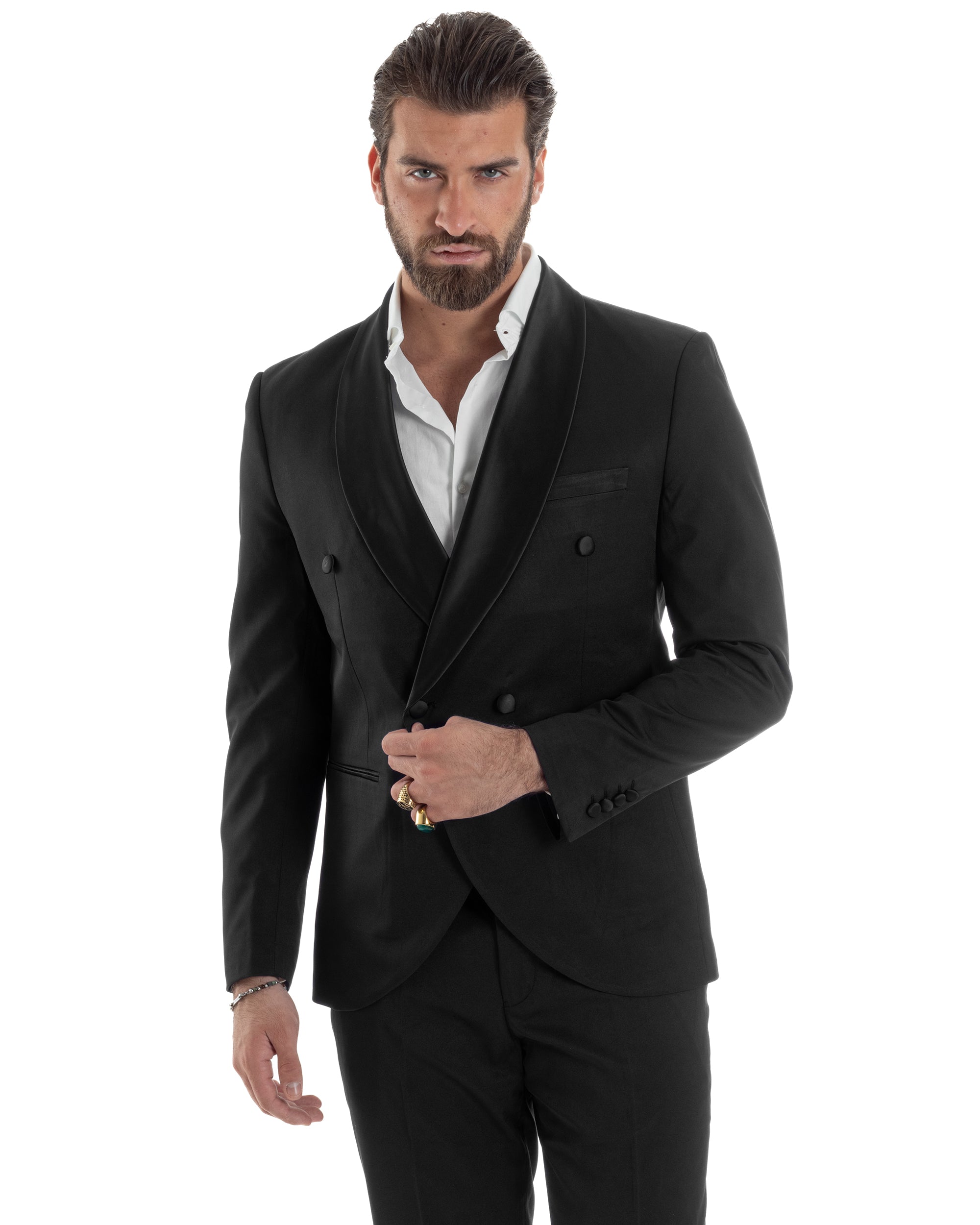 Abito Uomo Doppiopetto Quattro Bottoni Vestito Elegante Completo Smoking Rever Sciallato Raso Tinta Unita Nero GIOSAL-AE1110A