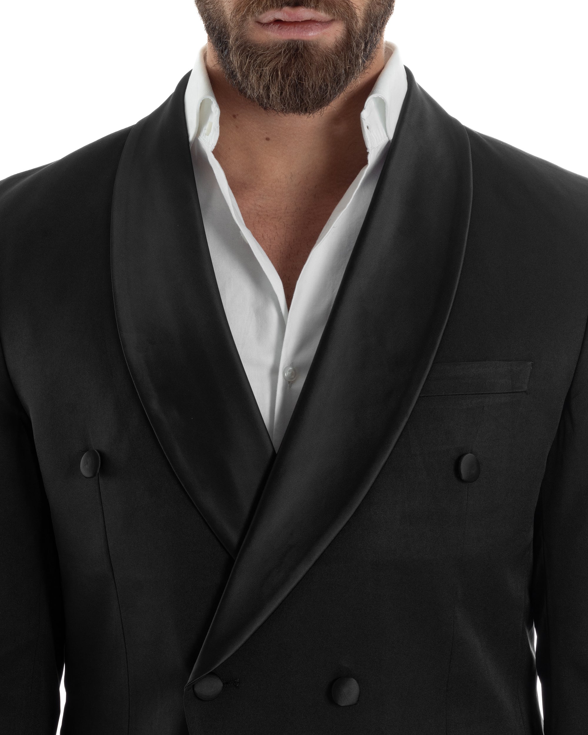 Abito Uomo Doppiopetto Quattro Bottoni Vestito Completo Smoking Rever Sciallato Raso Nero AE1110A