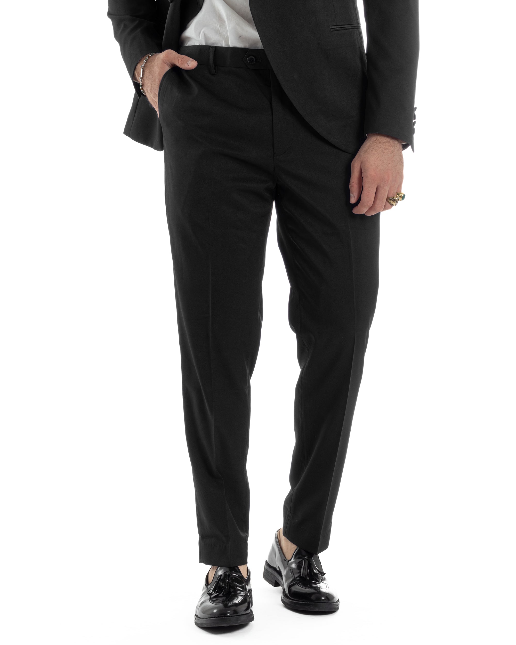 Abito Uomo Doppiopetto Quattro Bottoni Vestito Completo Smoking Rever Sciallato Raso Nero AE1110A