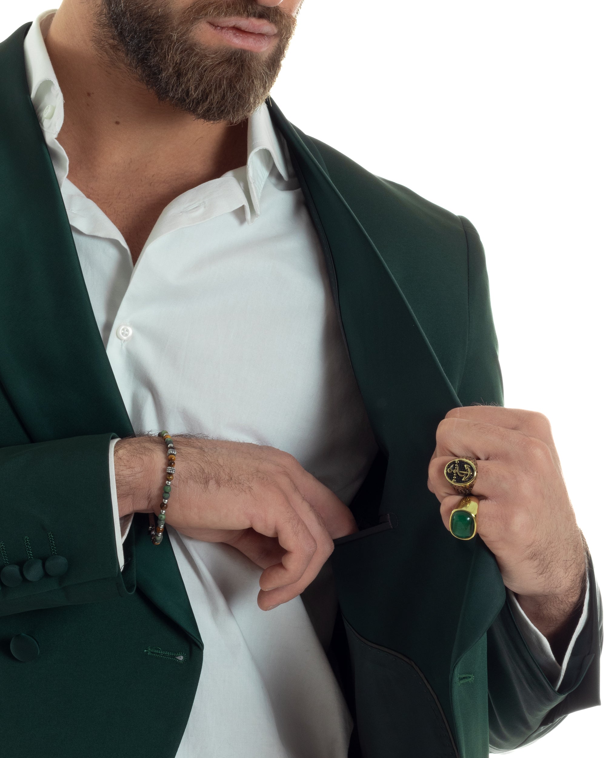 Abito Uomo Doppiopetto Quattro Bottoni Vestito Completo Smoking Rever Sciallato Raso Verde AE1111A