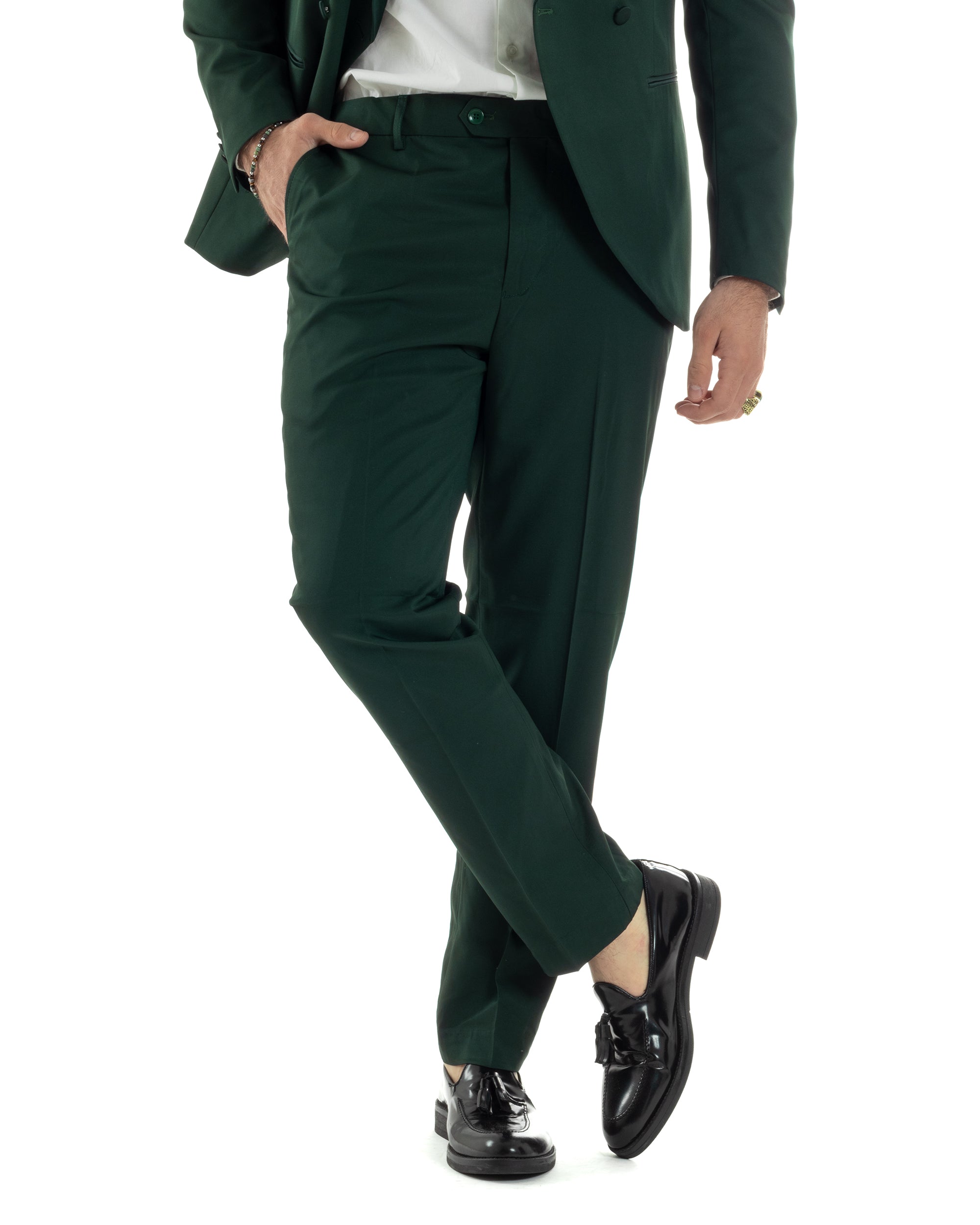 Abito Uomo Doppiopetto Quattro Bottoni Vestito Completo Smoking Rever Sciallato Raso Verde AE1111A