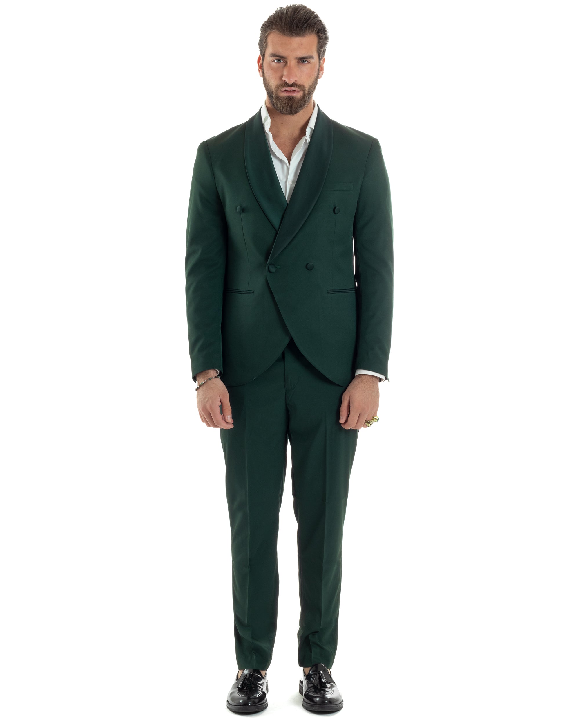 Abito Uomo Doppiopetto Quattro Bottoni Vestito Elegante Completo Smoking Rever Sciallato Raso Tinta Unita Verde GIOSAL-AE1111A