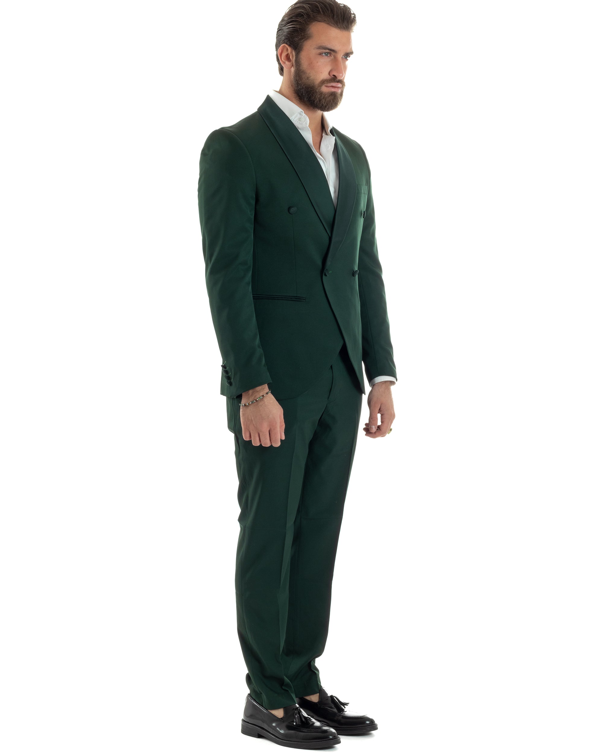 Abito Uomo Doppiopetto Quattro Bottoni Vestito Completo Smoking Rever Sciallato Raso Verde AE1111A