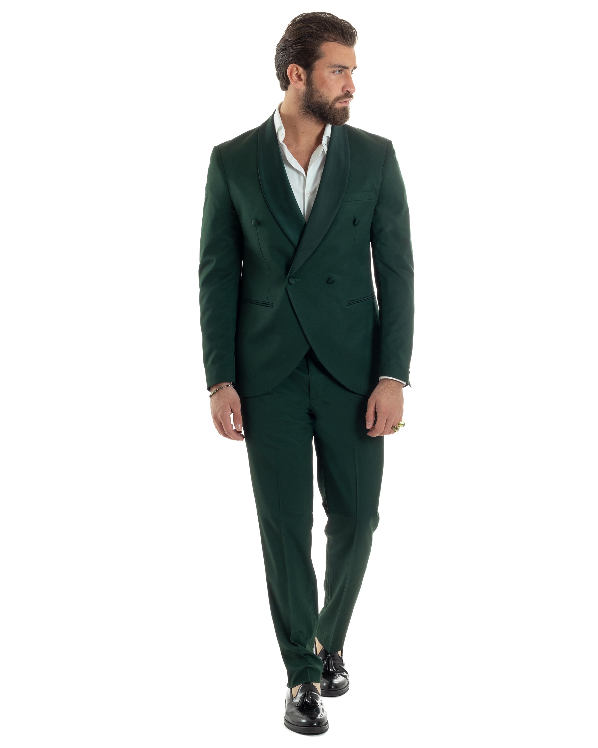 Abito Uomo Doppiopetto Quattro Bottoni Vestito Completo Smoking Rever Sciallato Raso Verde AE1111A