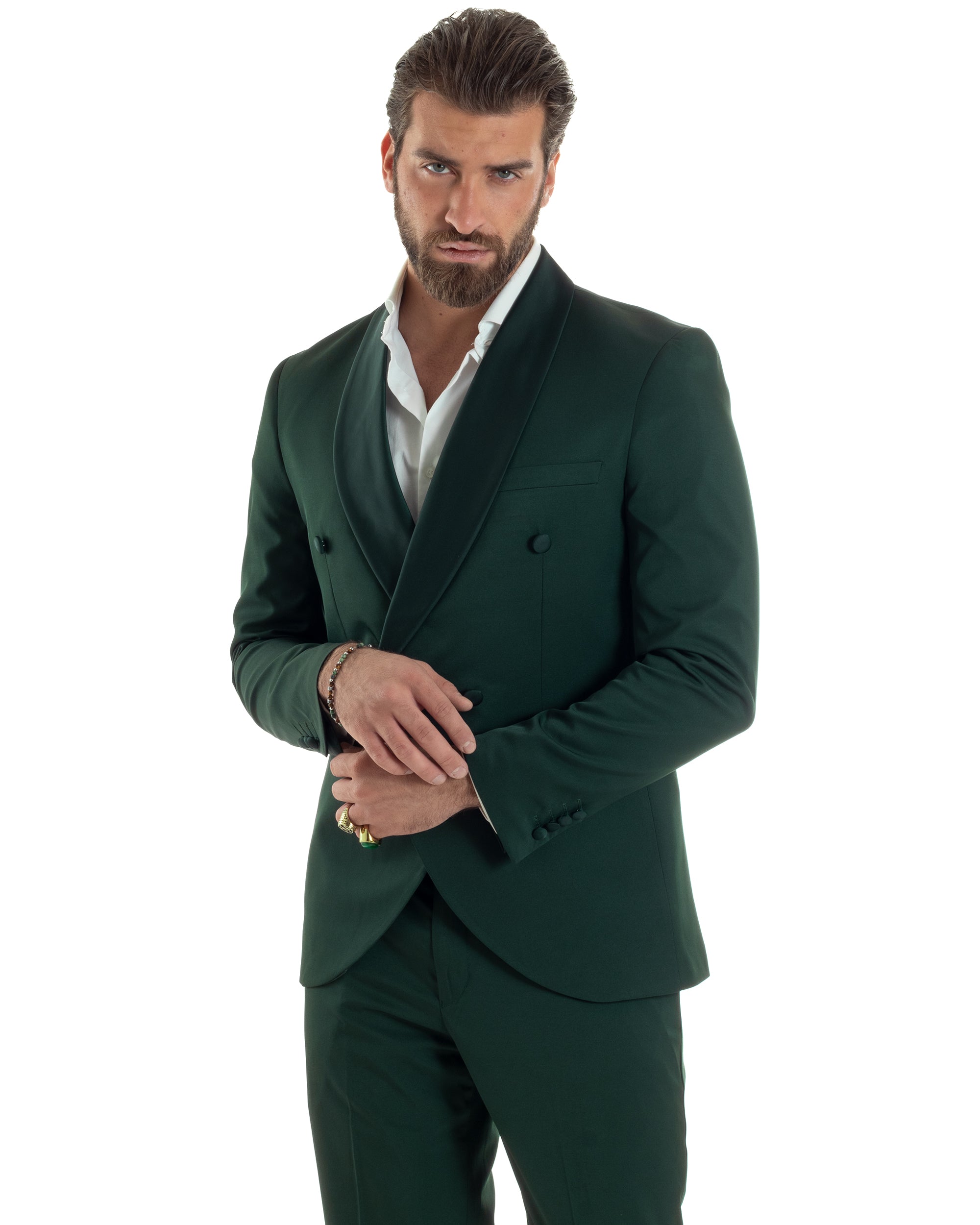 Abito Uomo Doppiopetto Quattro Bottoni Vestito Completo Smoking Rever Sciallato Raso Verde AE1111A