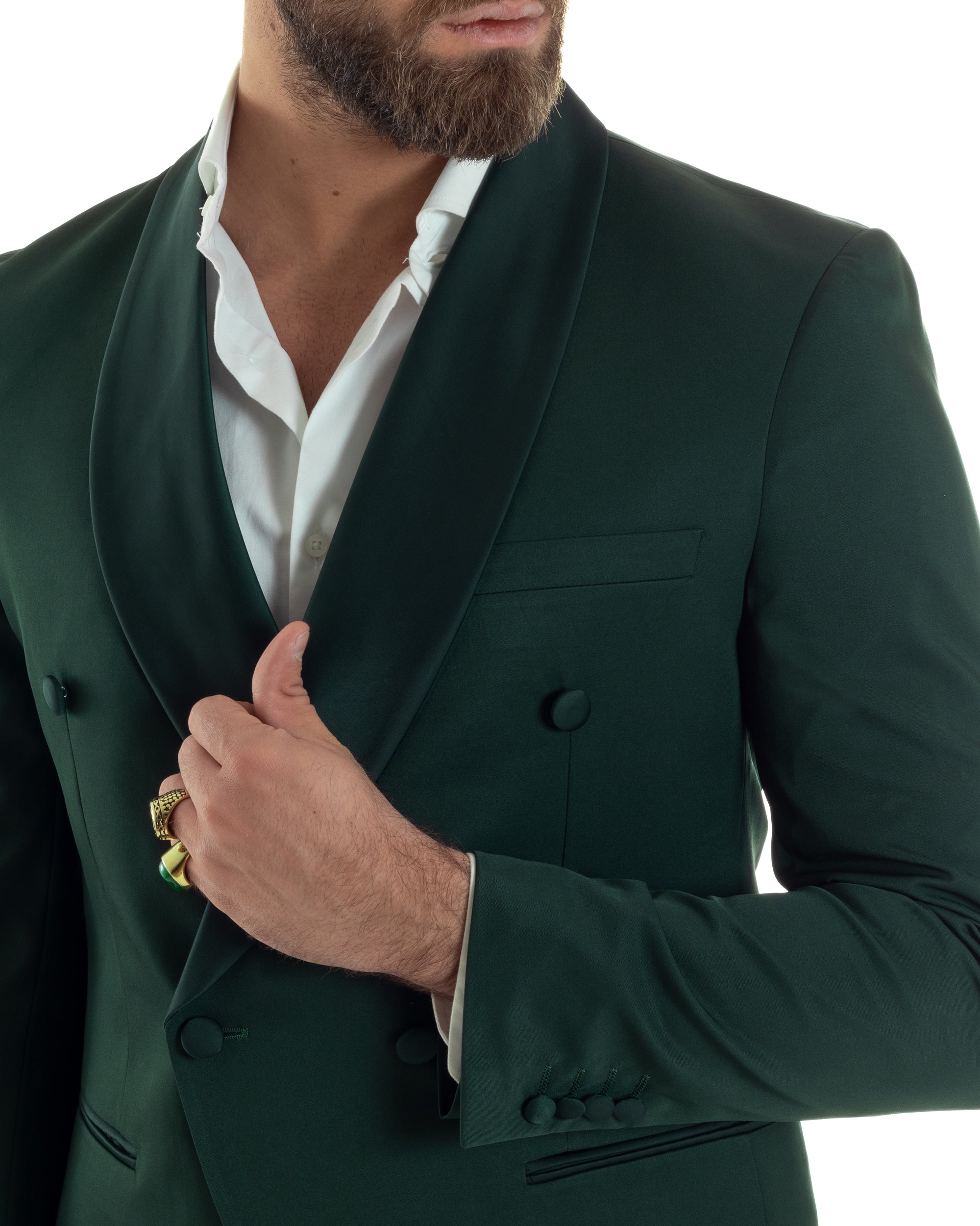 Abito Uomo Doppiopetto Quattro Bottoni Vestito Elegante Completo Smoking Rever Sciallato Raso Tinta Unita Verde GIOSAL-AE1111A