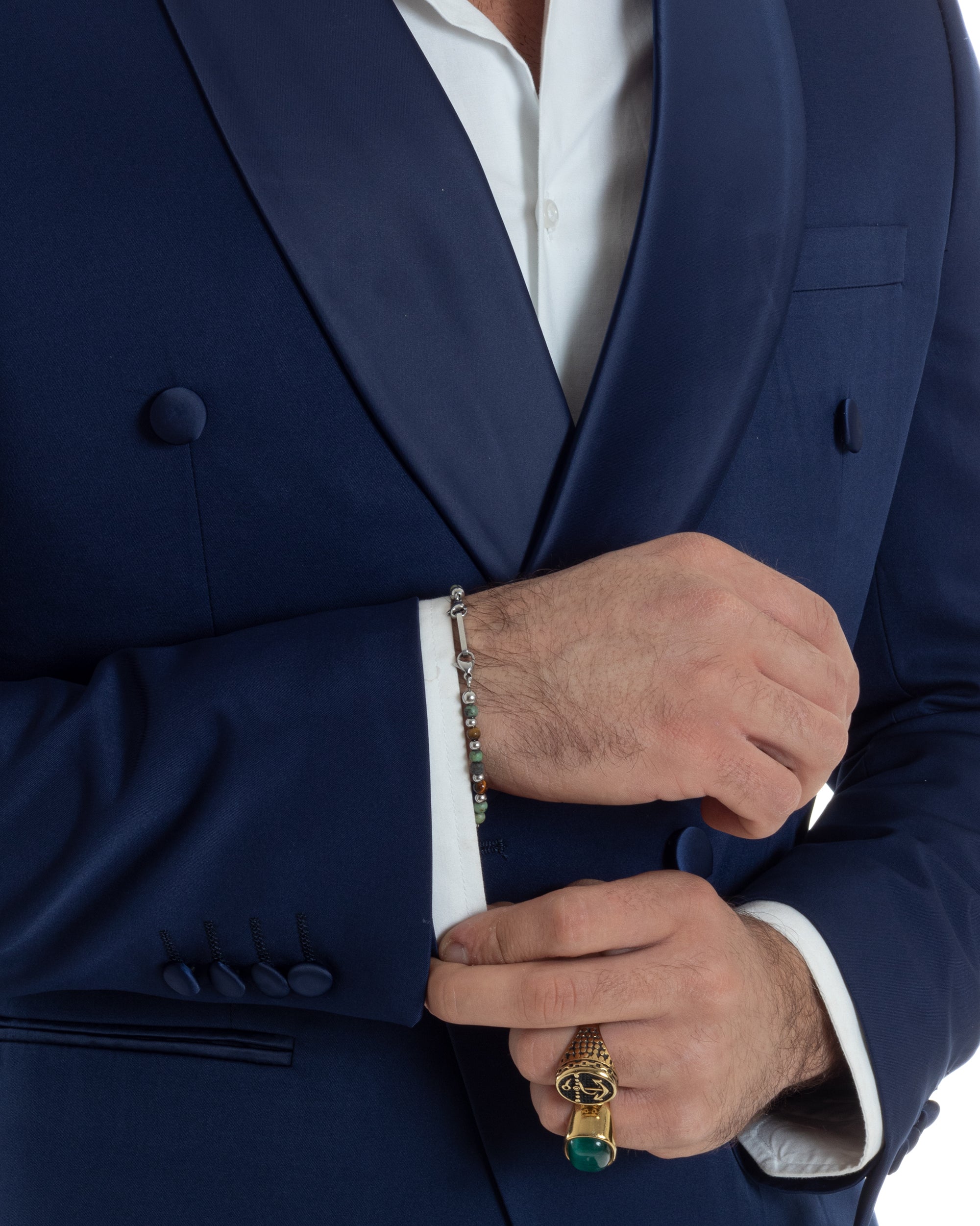 Abito Uomo Doppiopetto Quattro Bottoni Vestito Elegante Completo Smoking Rever Sciallato Raso Tinta Unita Blu GIOSAL-AE1112A