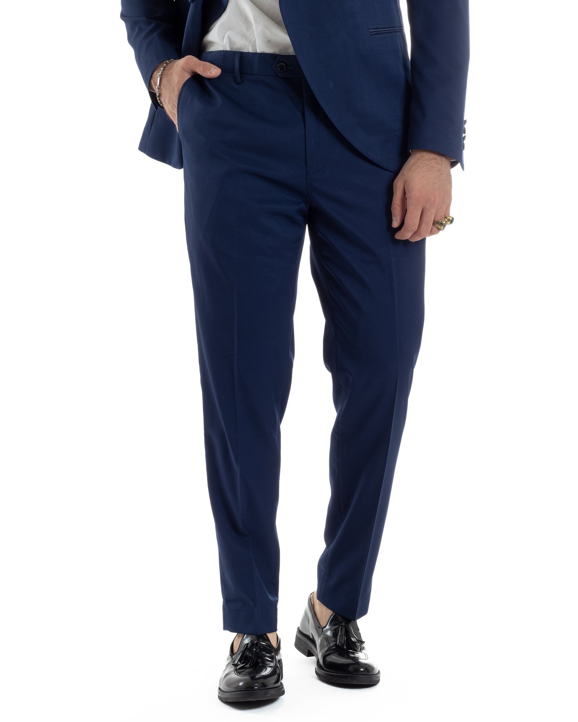 Abito Uomo Doppiopetto Quattro Bottoni Vestito Elegante Completo Smoking Rever Sciallato Raso Tinta Unita Blu GIOSAL-AE1112A