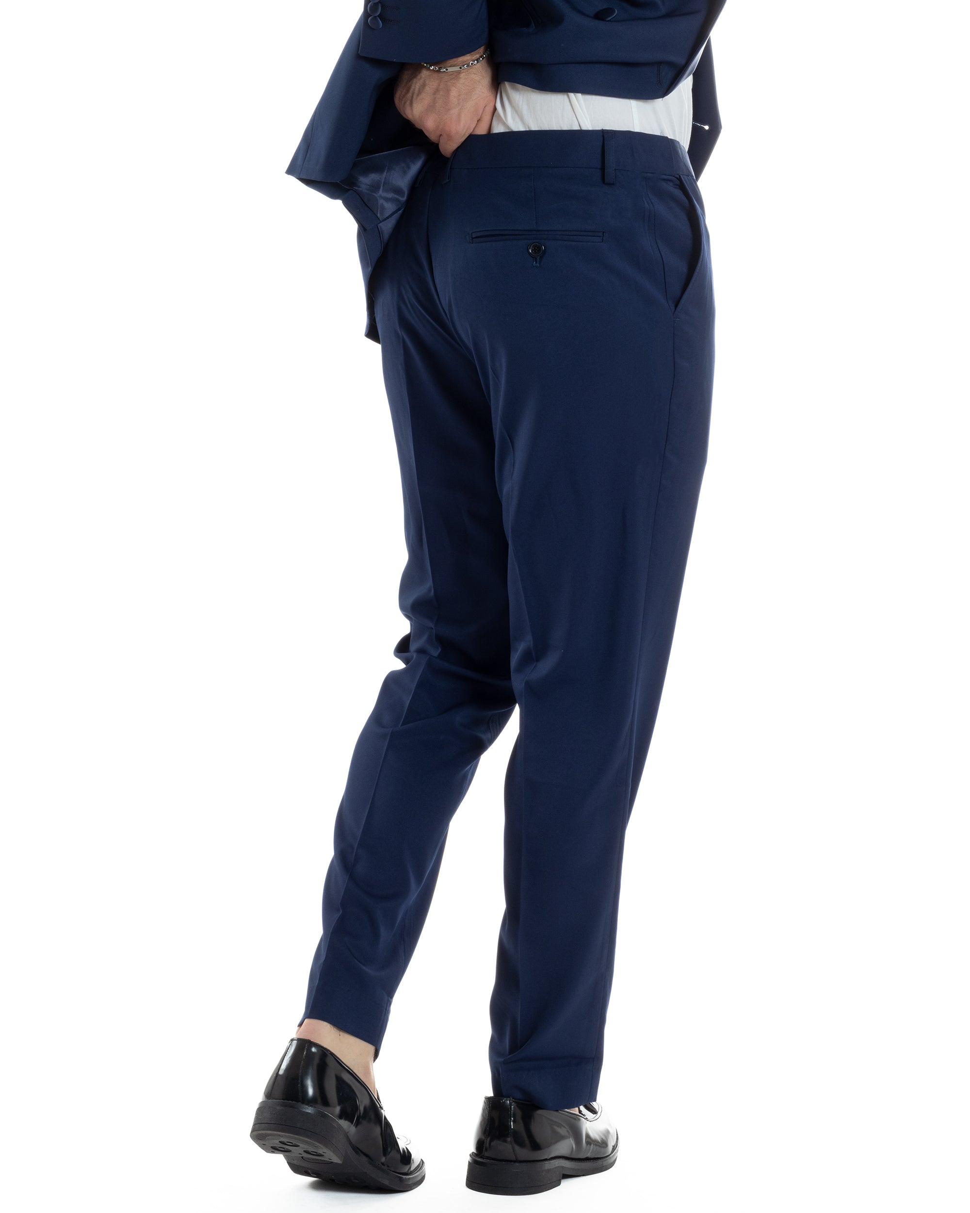 Abito Uomo Doppiopetto Quattro Bottoni Vestito Elegante Completo Smoking Rever Sciallato Raso Tinta Unita Blu GIOSAL-AE1112A