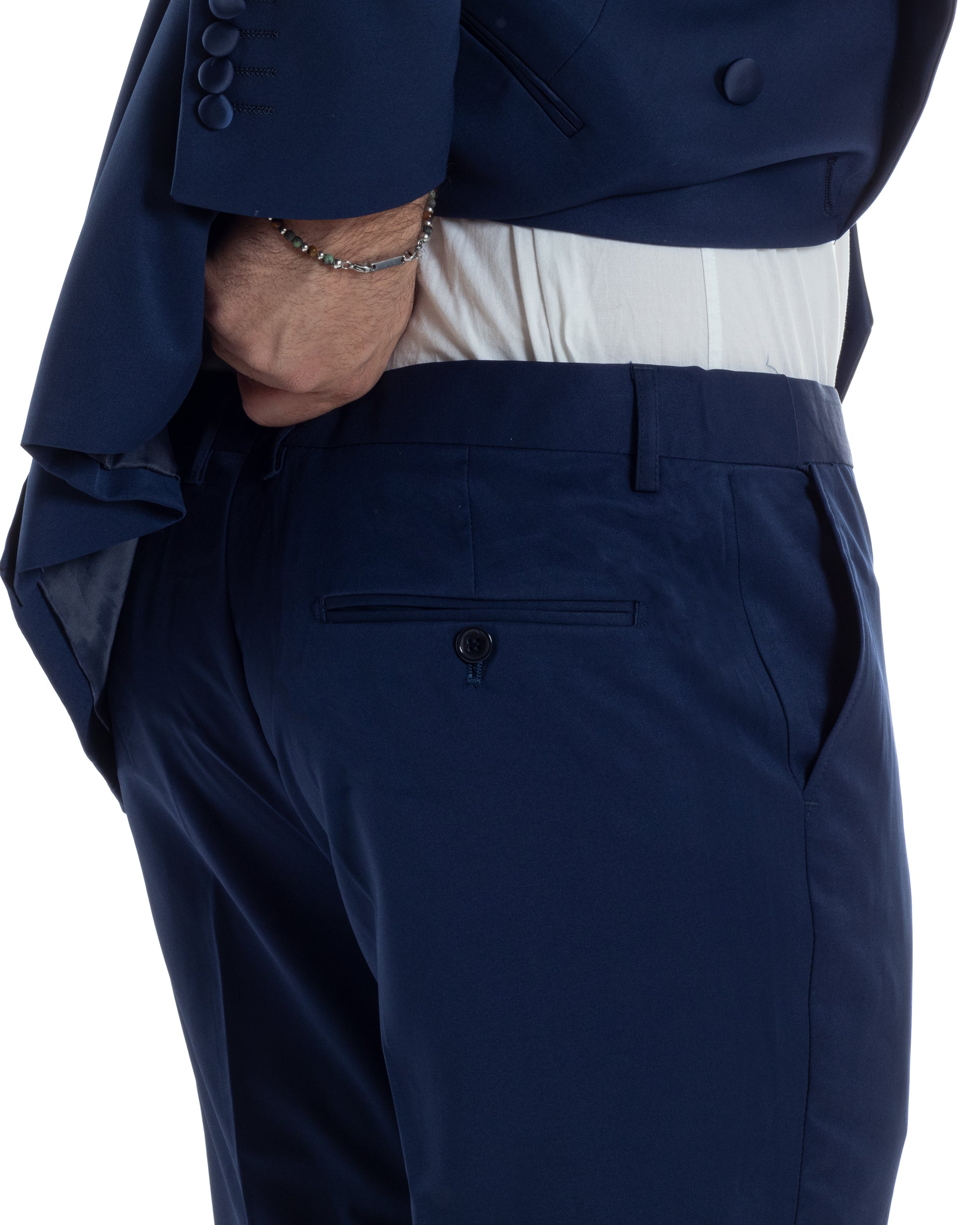 Abito Uomo Doppiopetto Quattro Bottoni Vestito Elegante Completo Smoking Rever Sciallato Raso Tinta Unita Blu GIOSAL-AE1112A