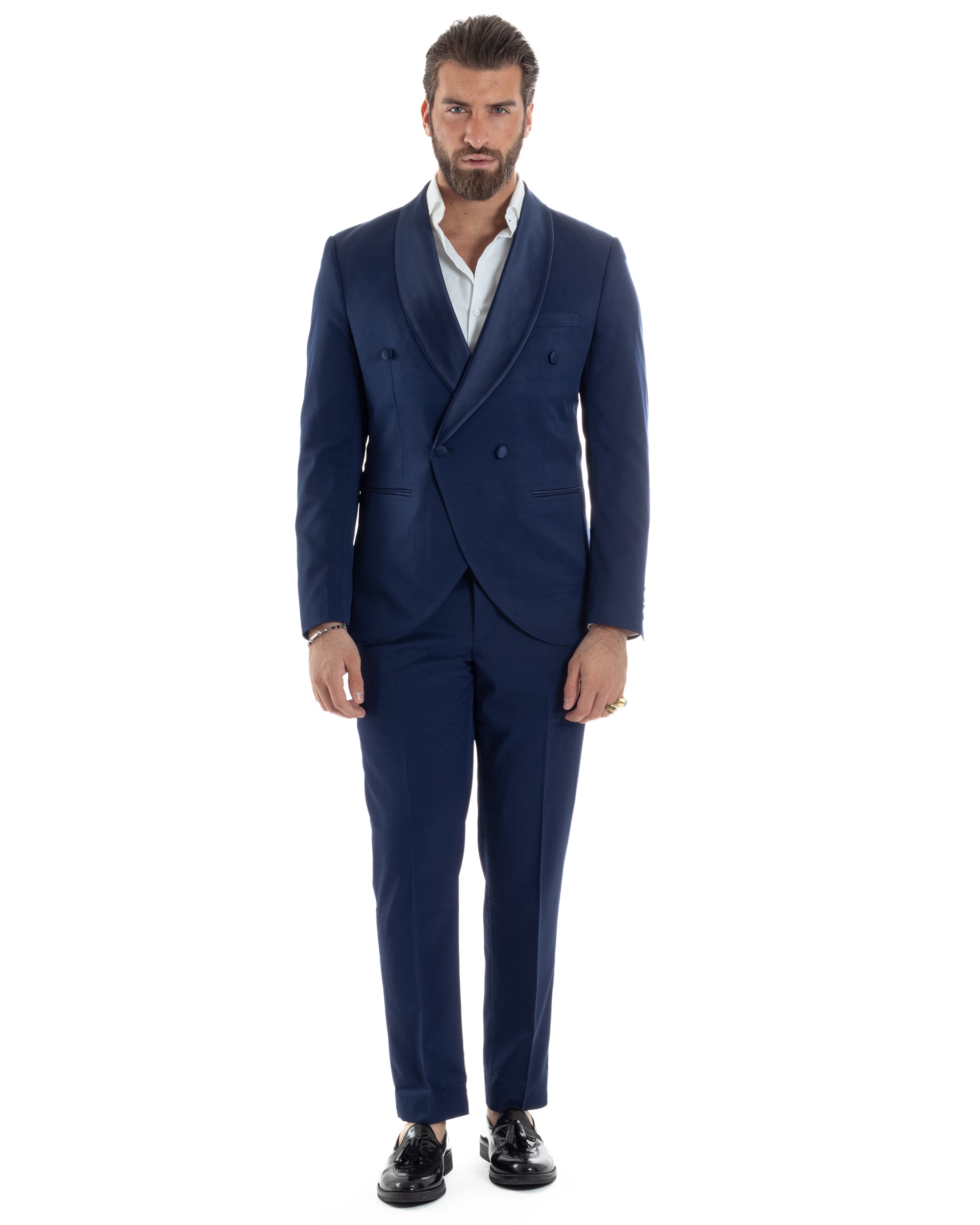Abito Uomo Doppiopetto Quattro Bottoni Vestito Elegante Completo Smoking Rever Sciallato Raso Tinta Unita Blu GIOSAL-AE1112A