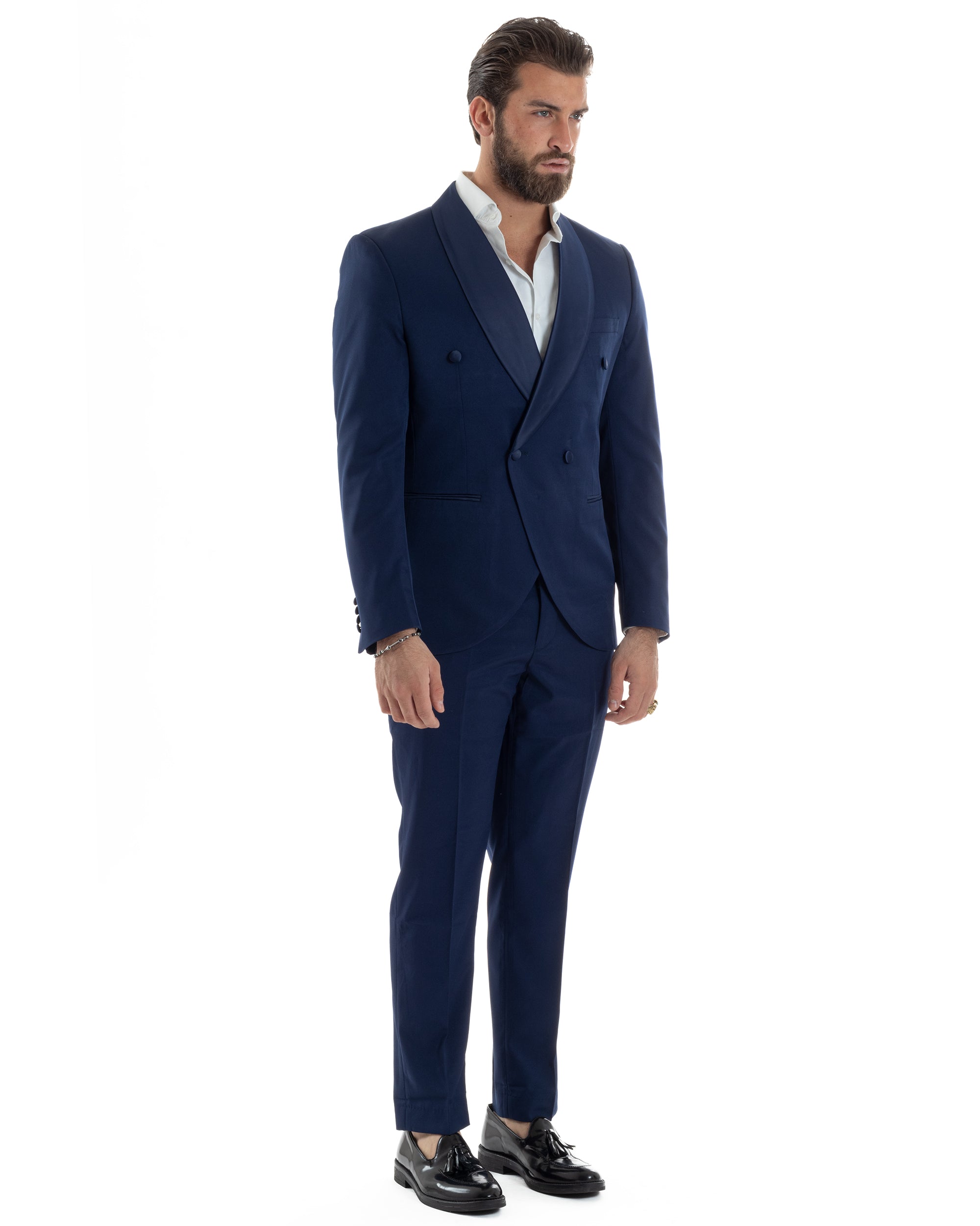 Abito Uomo Doppiopetto Quattro Bottoni Vestito Elegante Completo Smoking Rever Sciallato Raso Tinta Unita Blu GIOSAL-AE1112A