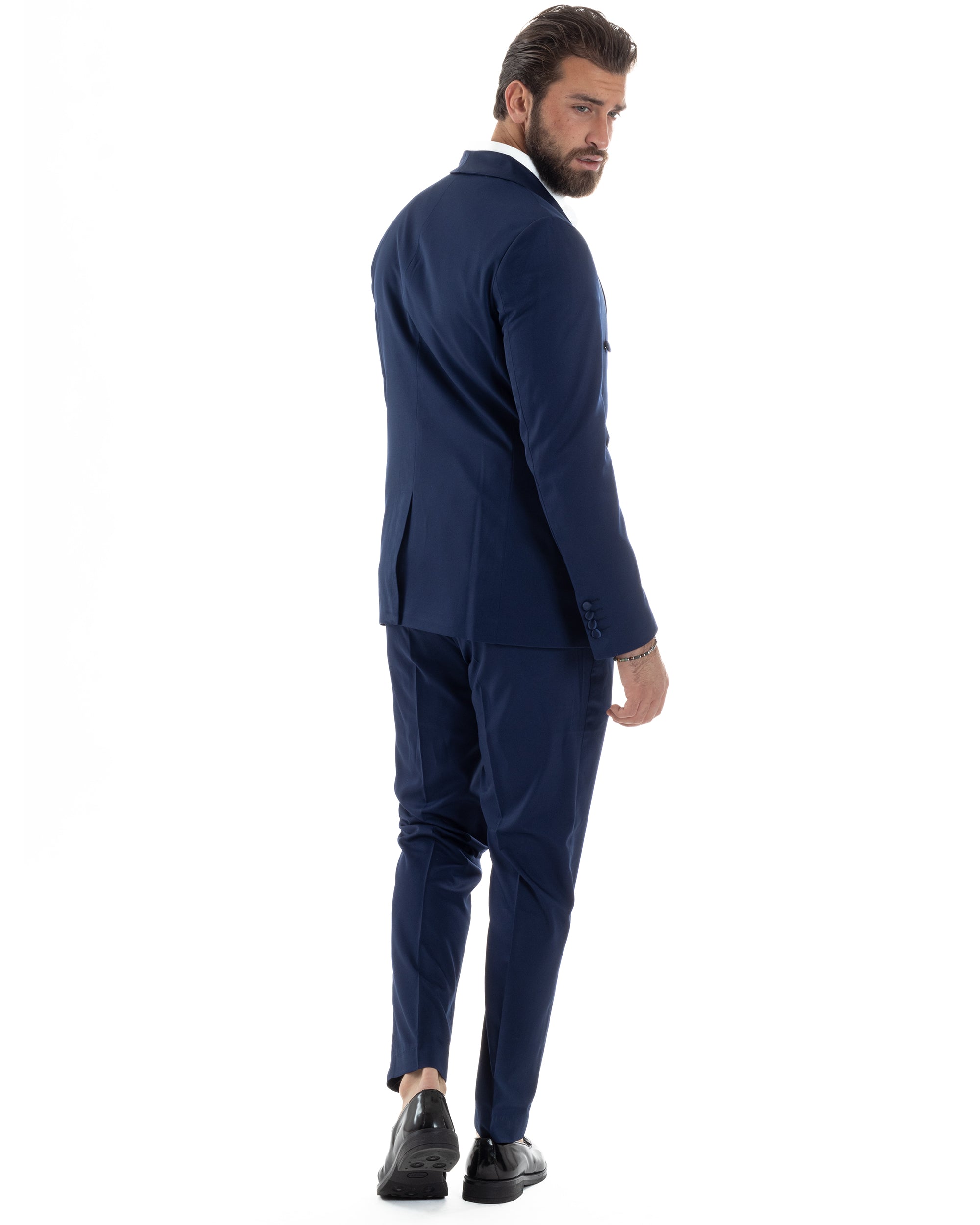 Abito Uomo Doppiopetto Quattro Bottoni Vestito Elegante Completo Smoking Rever Sciallato Raso Tinta Unita Blu GIOSAL-AE1112A