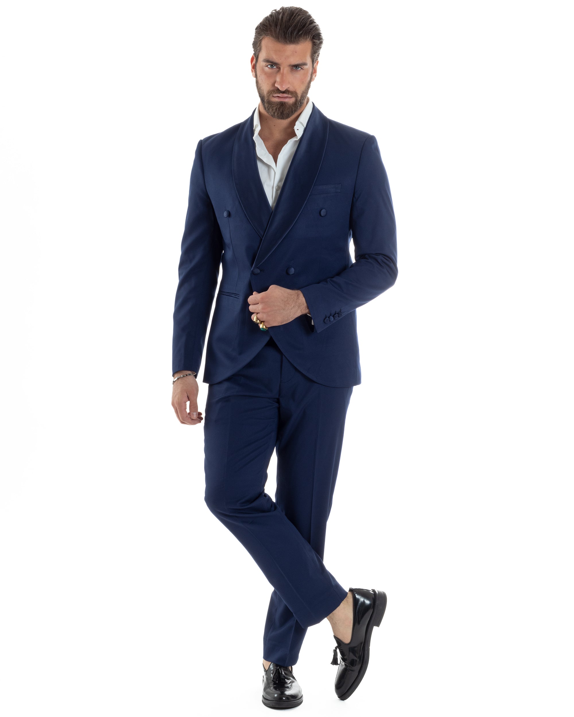 Abito Uomo Doppiopetto Quattro Bottoni Vestito Elegante Completo Smoking Rever Sciallato Raso Tinta Unita Blu GIOSAL-AE1112A