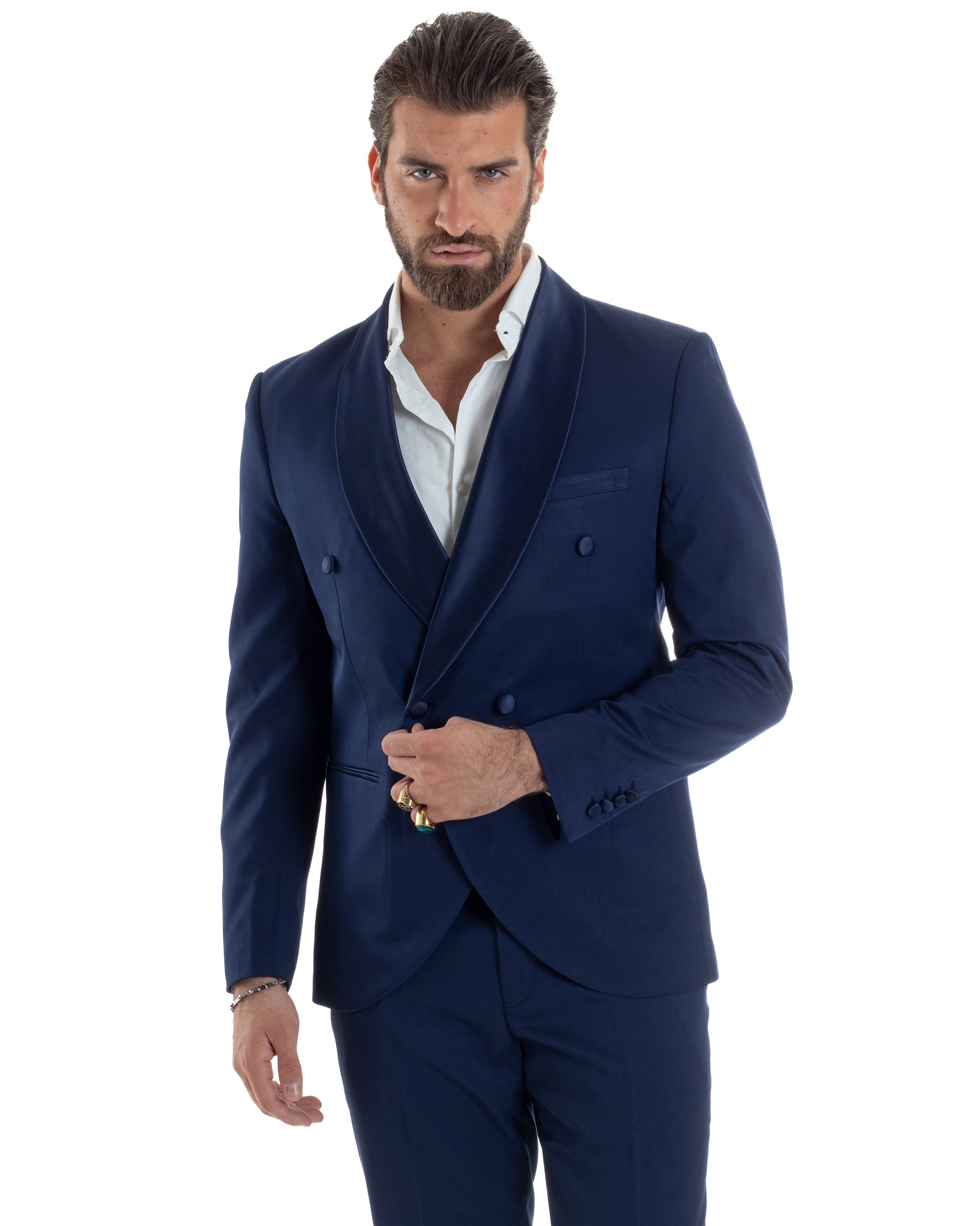 Abito Uomo Doppiopetto Quattro Bottoni Vestito Elegante Completo Smoking Rever Sciallato Raso Tinta Unita Blu GIOSAL-AE1112A