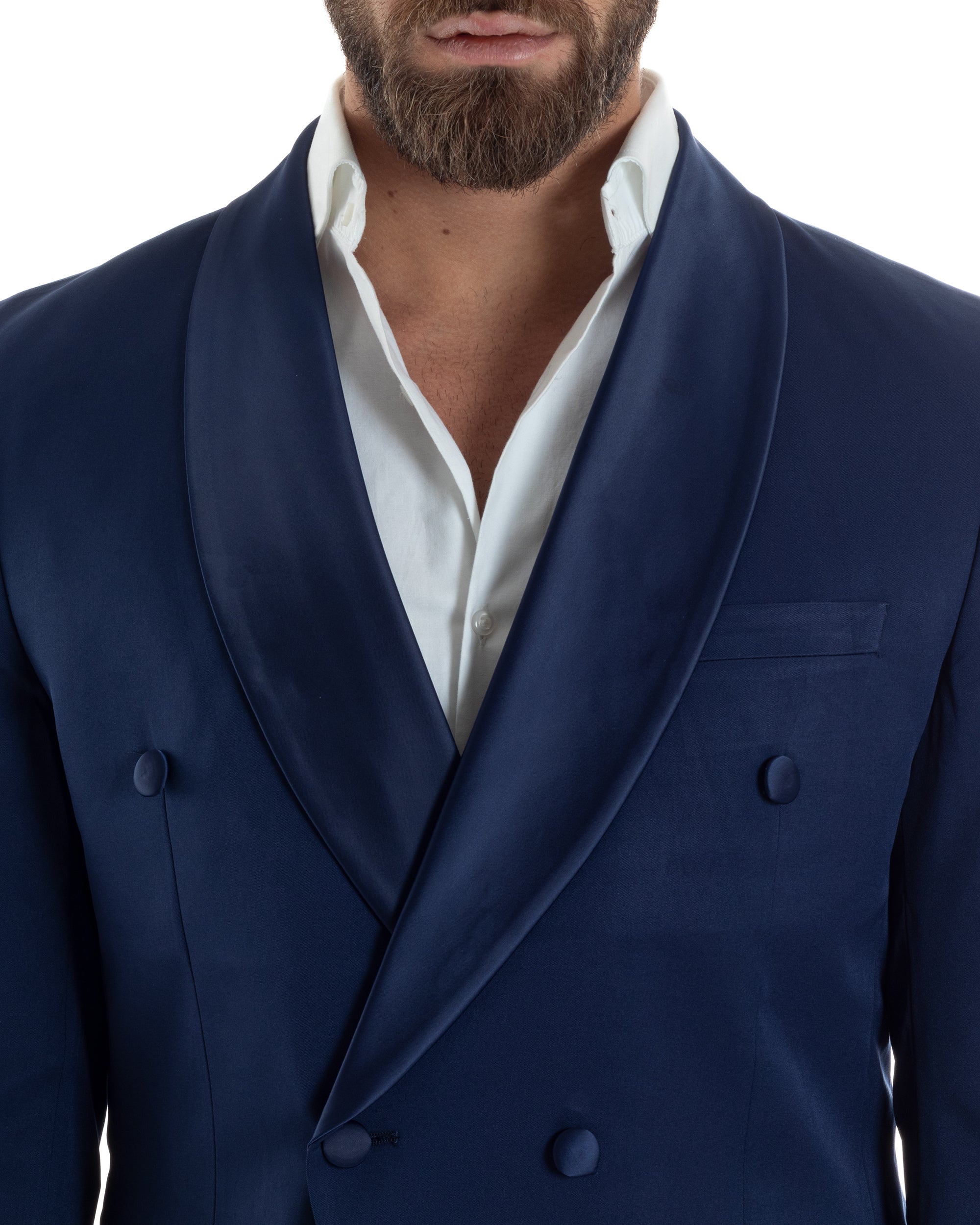 Abito Uomo Doppiopetto Quattro Bottoni Vestito Elegante Completo Smoking Rever Sciallato Raso Tinta Unita Blu GIOSAL-AE1112A