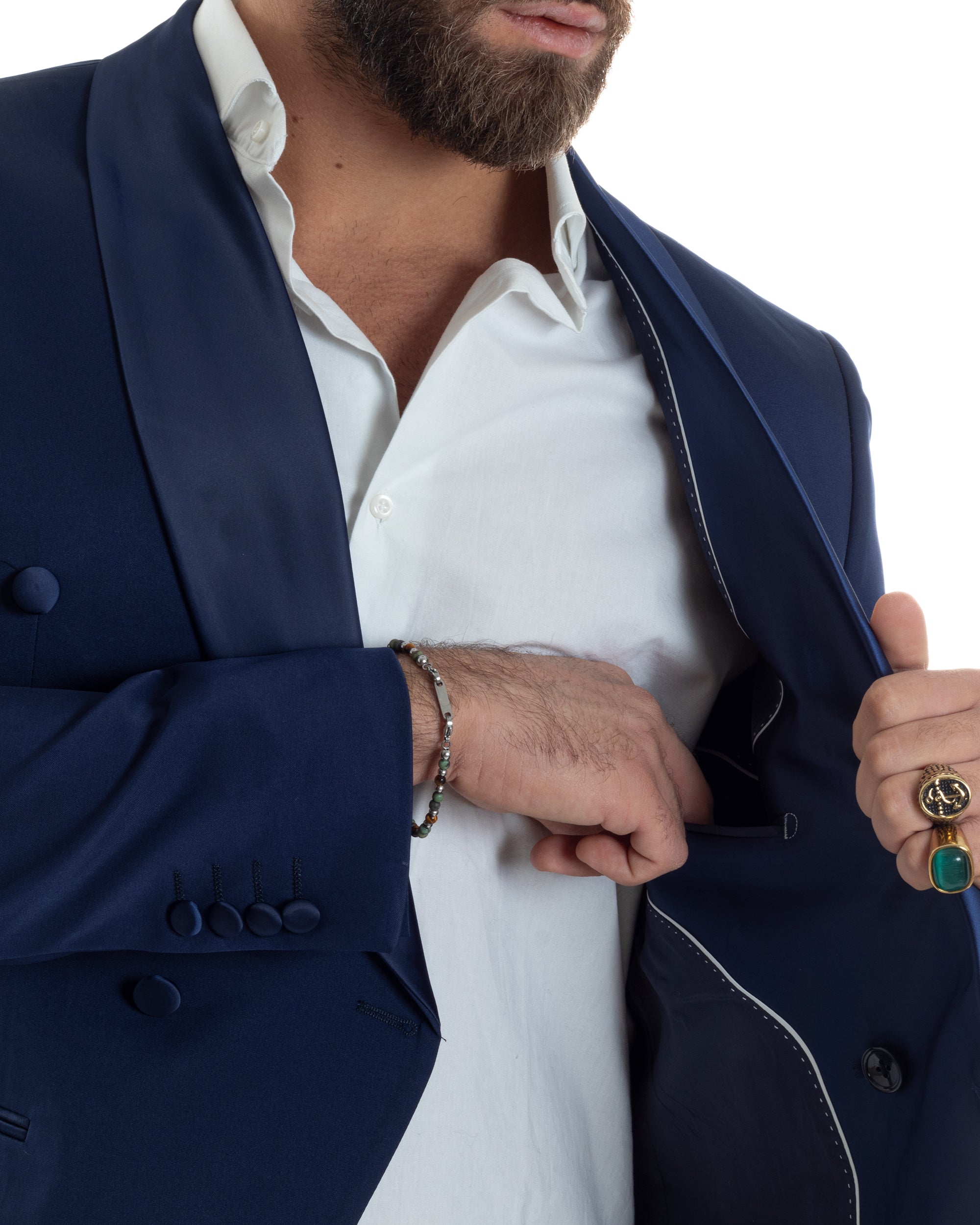 Abito Uomo Doppiopetto Quattro Bottoni Vestito Elegante Completo Smoking Rever Sciallato Raso Tinta Unita Blu GIOSAL-AE1112A