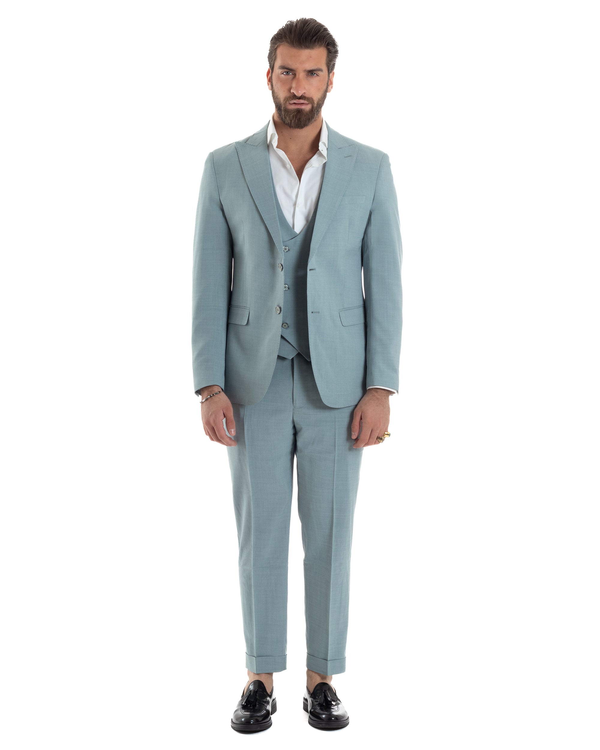 Abito Uomo Monopetto Vestito 3 Pezzi Completo Giacca Pantaloni Panciotto Elegante Sartoriale Melangiato Verde Acqua GIOSAL-AE1114A