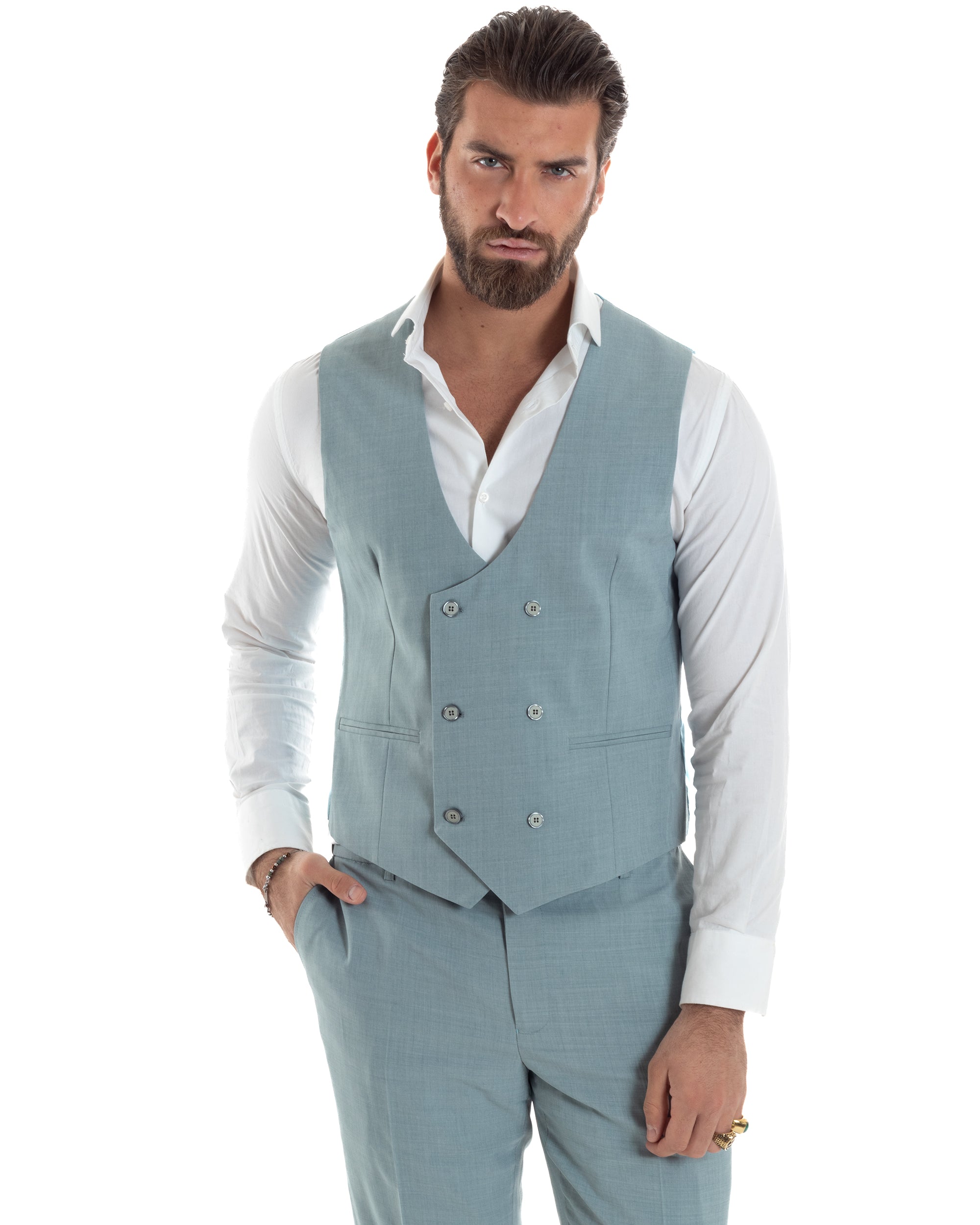 Abito Uomo Monopetto Vestito 3 Pezzi Completo Panciotto Verde Acqua Melangiato AE1114A