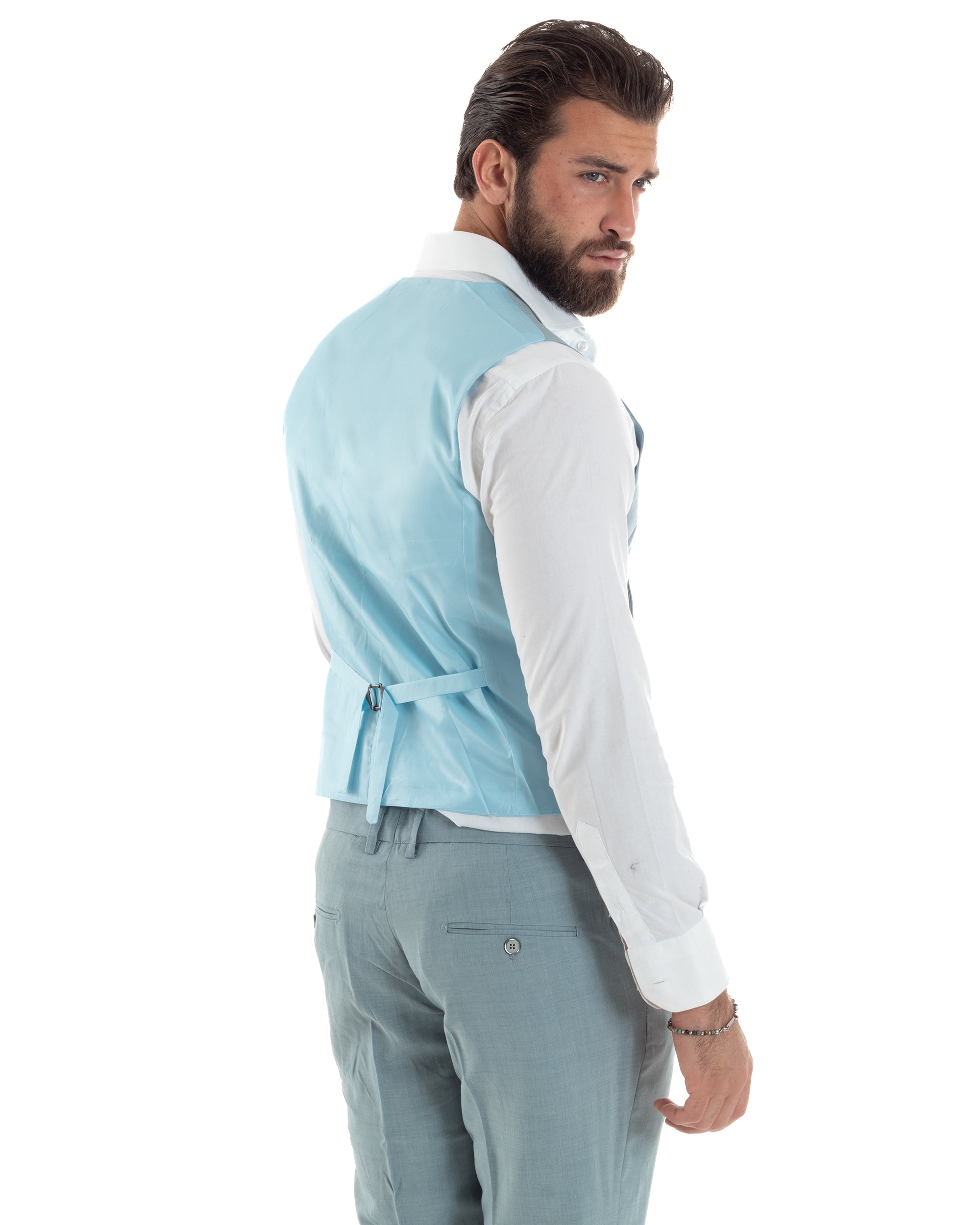 Abito Uomo Monopetto Vestito 3 Pezzi Completo Giacca Pantaloni Panciotto Elegante Sartoriale Melangiato Verde Acqua GIOSAL-AE1114A