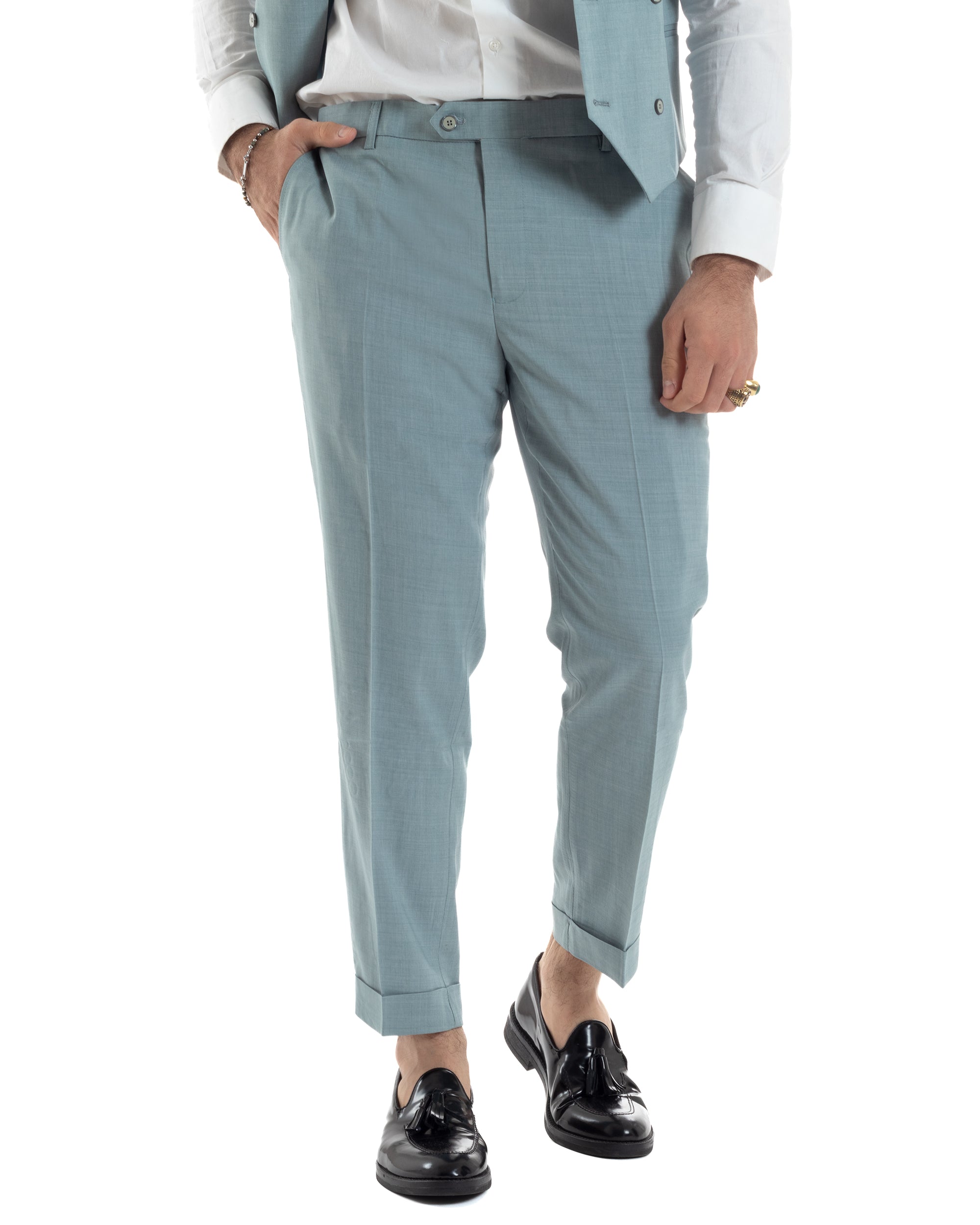 Abito Uomo Monopetto Vestito 3 Pezzi Completo Giacca Pantaloni Panciotto Elegante Sartoriale Melangiato Verde Acqua GIOSAL-AE1114A