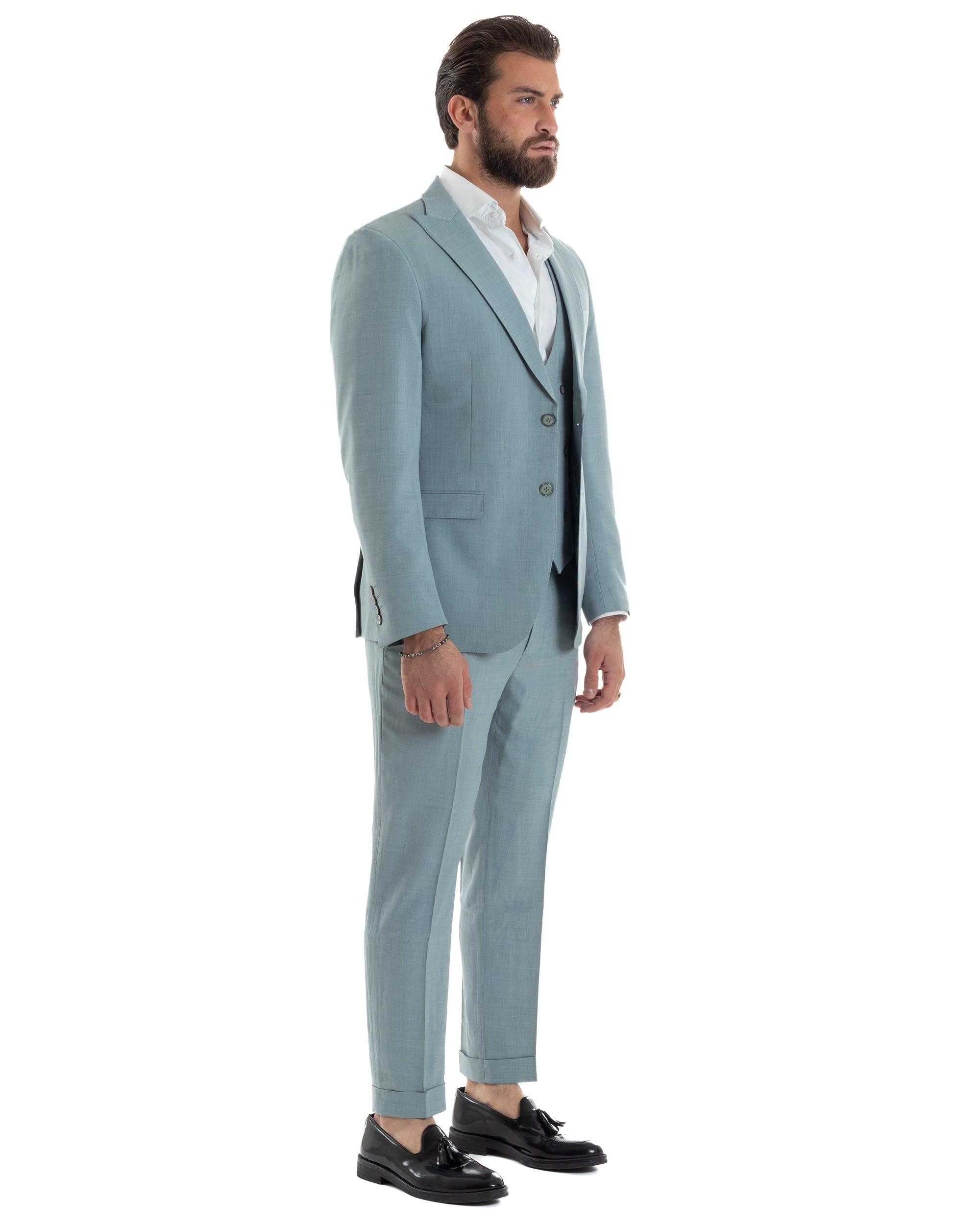 Abito Uomo Monopetto Vestito 3 Pezzi Completo Panciotto Verde Acqua Melangiato AE1114A