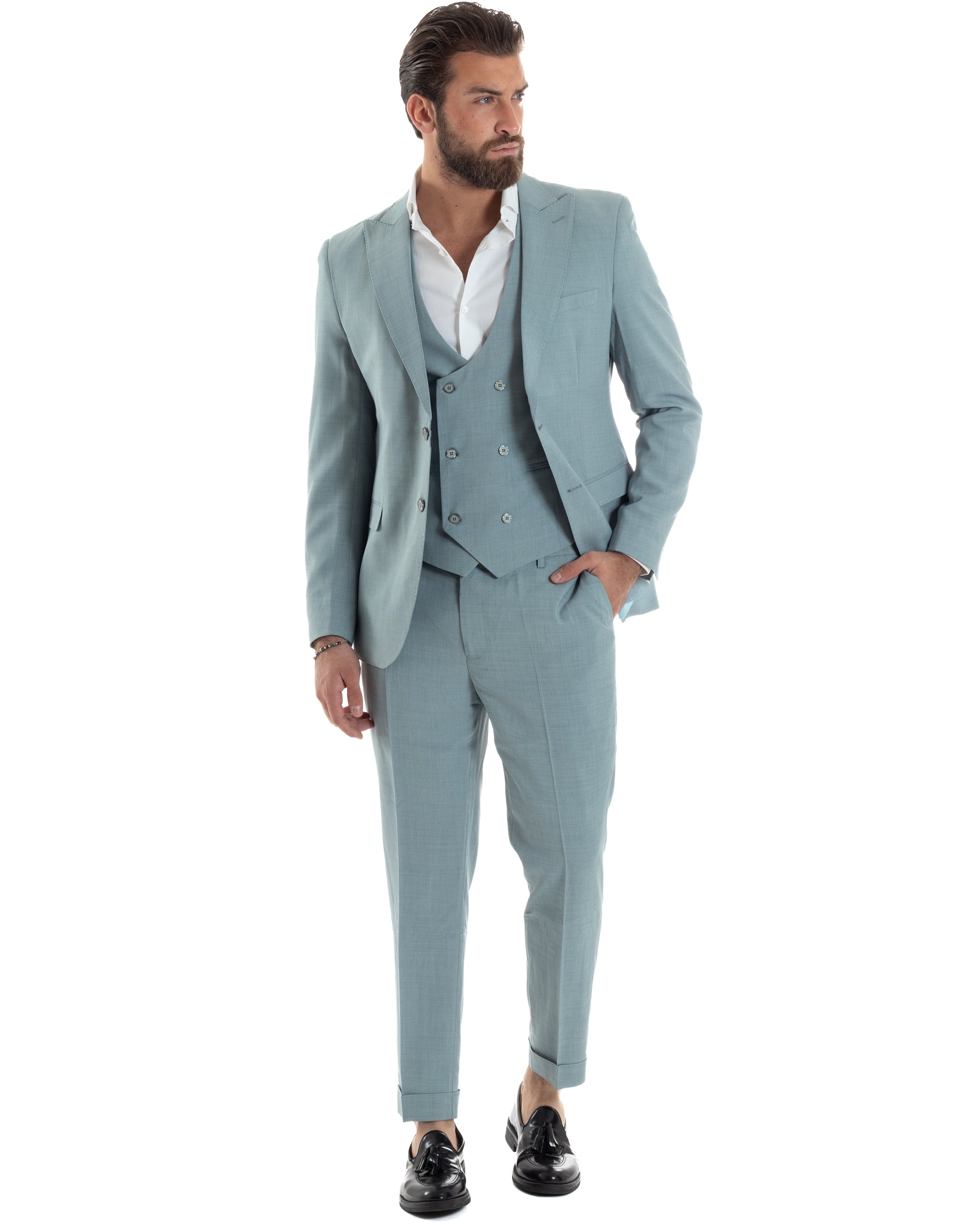 Abito Uomo Monopetto Vestito 3 Pezzi Completo Giacca Pantaloni Panciotto Elegante Sartoriale Melangiato Verde Acqua GIOSAL-AE1114A