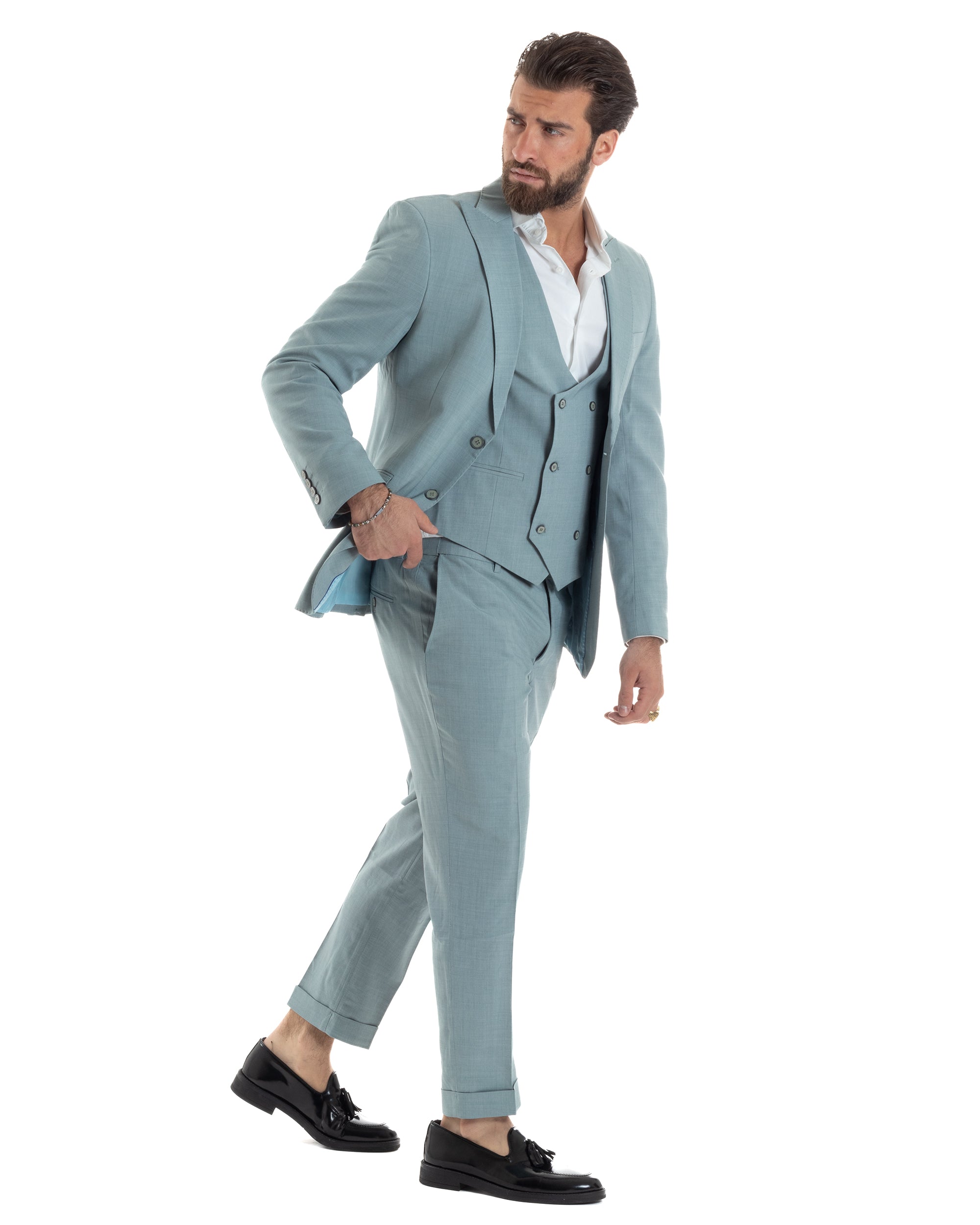 Abito Uomo Monopetto Vestito 3 Pezzi Completo Giacca Pantaloni Panciotto Elegante Sartoriale Melangiato Verde Acqua GIOSAL-AE1114A