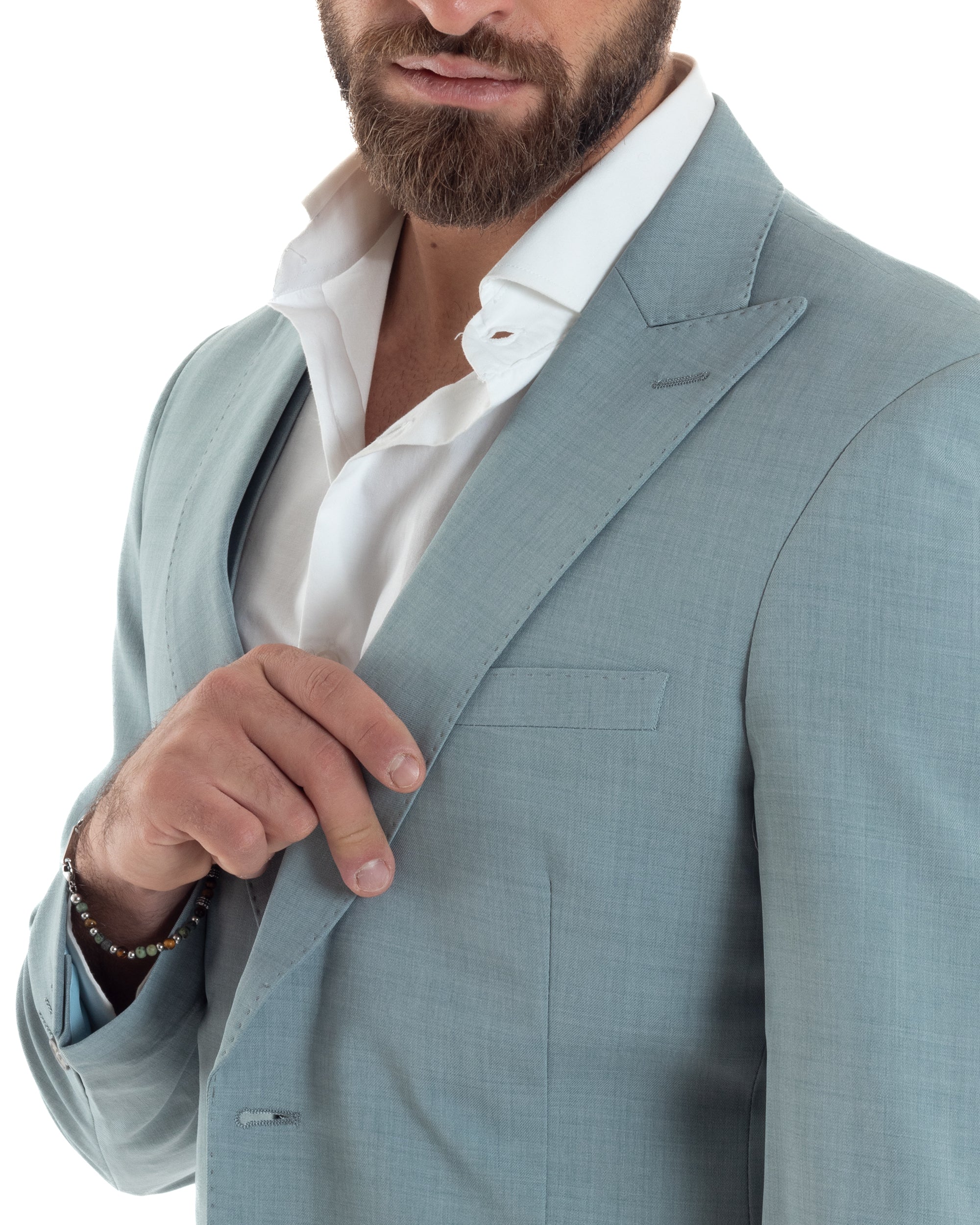 Abito Uomo Monopetto Vestito 3 Pezzi Completo Giacca Pantaloni Panciotto Elegante Sartoriale Melangiato Verde Acqua GIOSAL-AE1114A