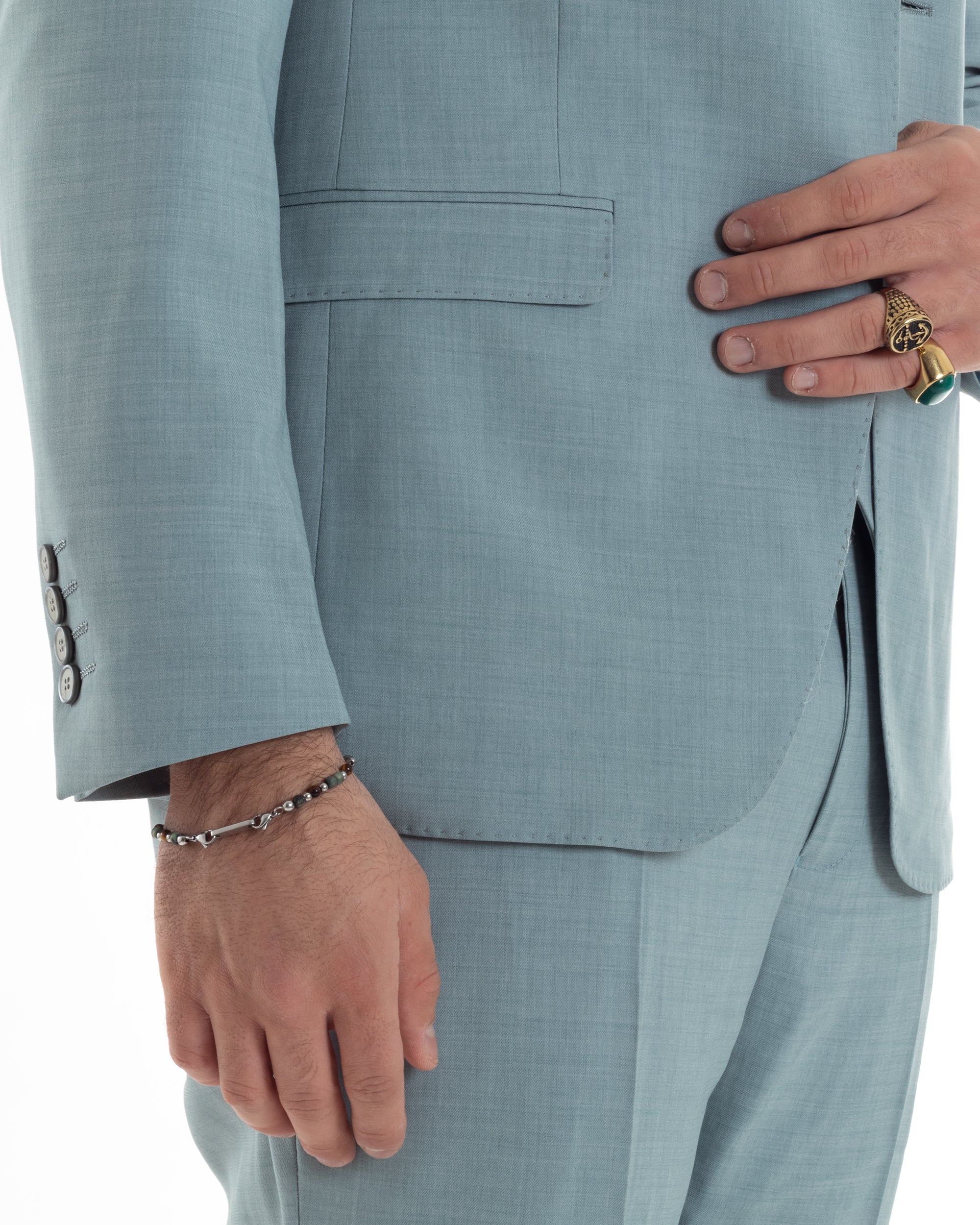 Abito Uomo Monopetto Vestito 3 Pezzi Completo Giacca Pantaloni Panciotto Elegante Sartoriale Melangiato Verde Acqua GIOSAL-AE1114A